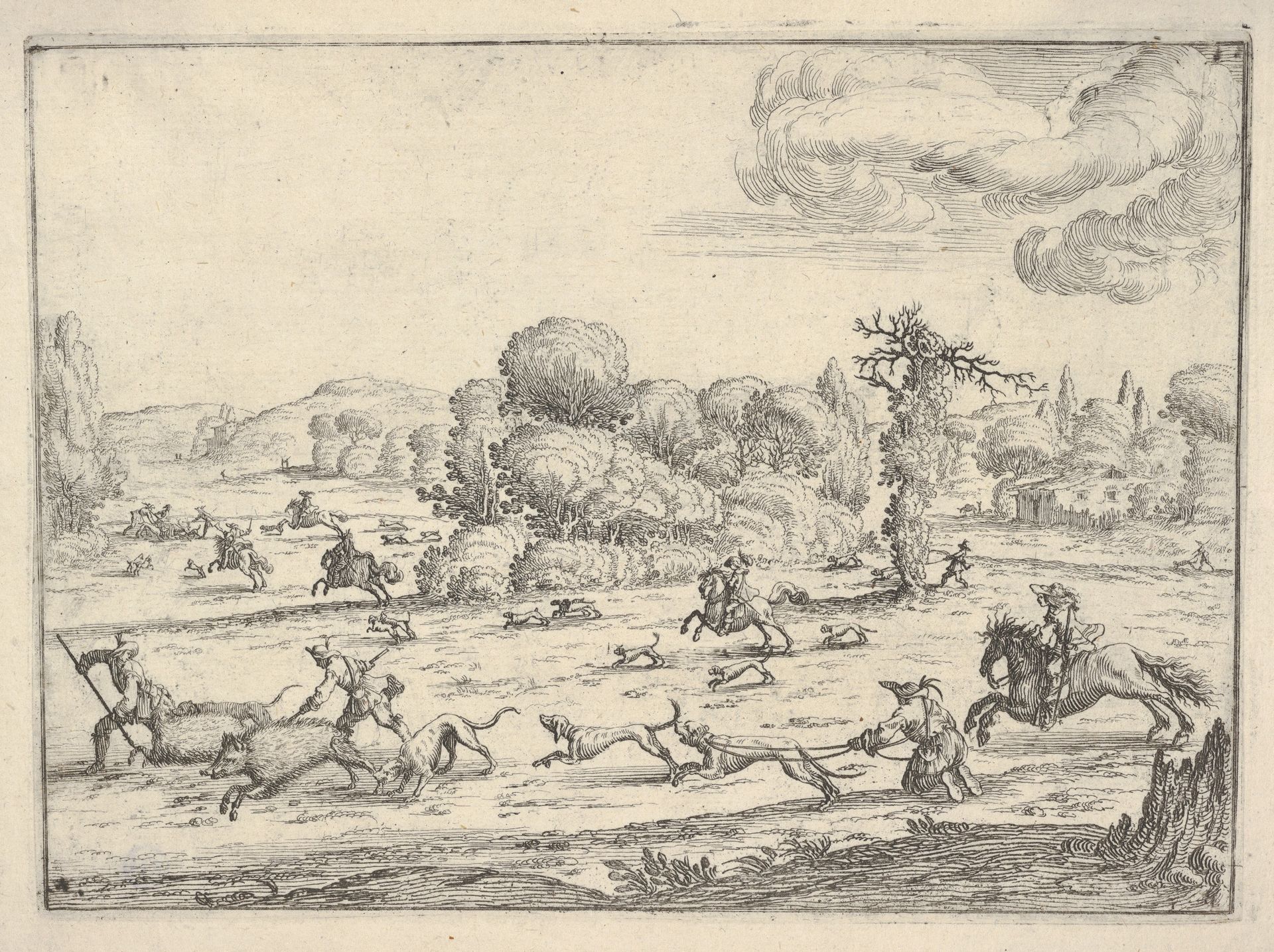 Boar hunt in a landscape by Ercole Bazicaluva