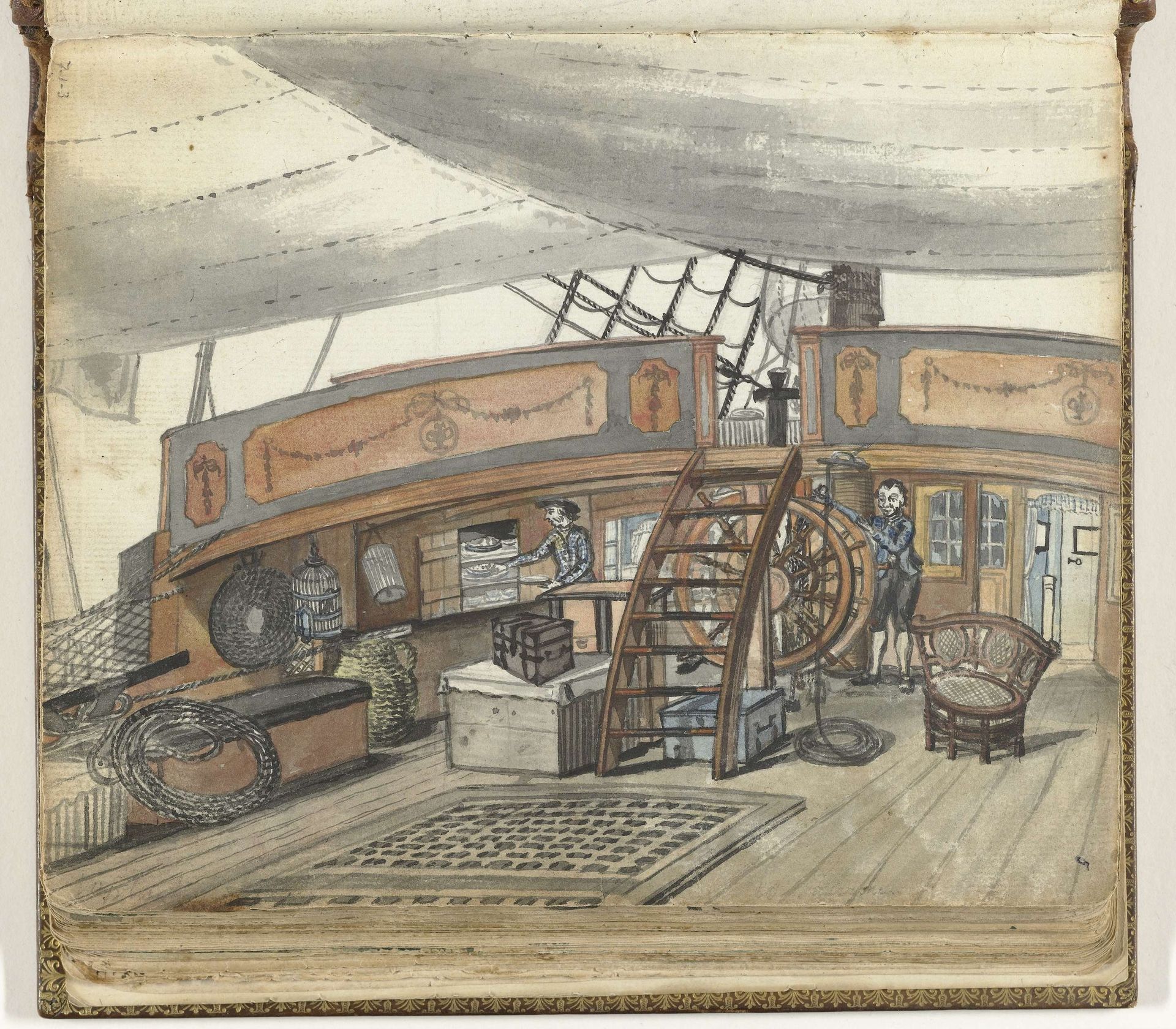 Dekzicht van een Oost-Indiëvaarder met stuurman aan het roer by Jan Brandes