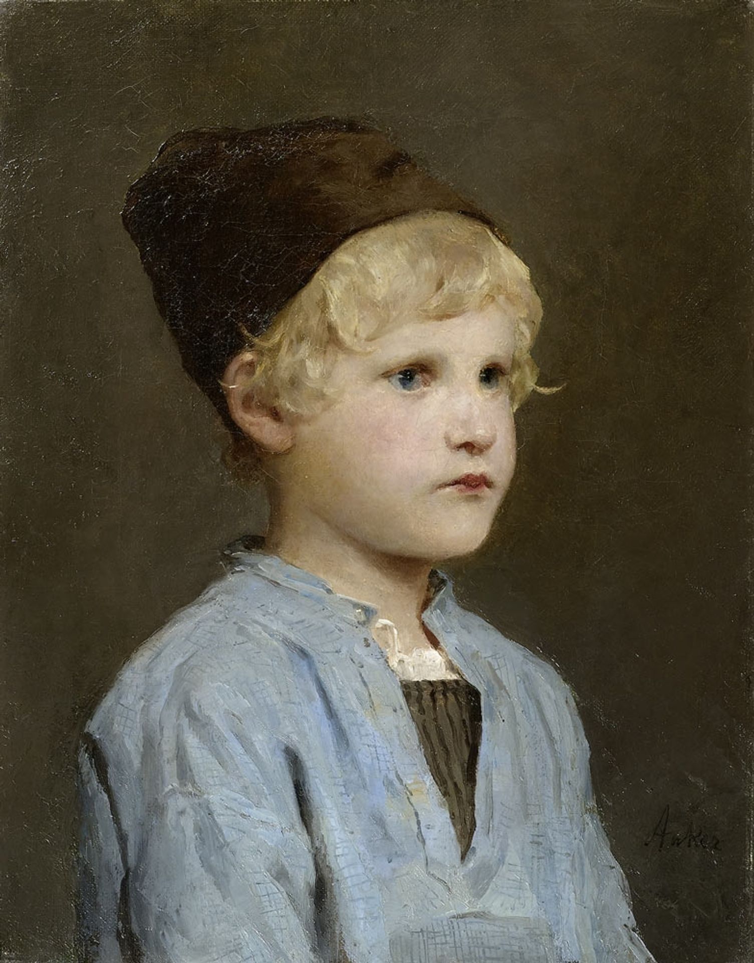 Portrait of a boy with cap by Albrecht Anker