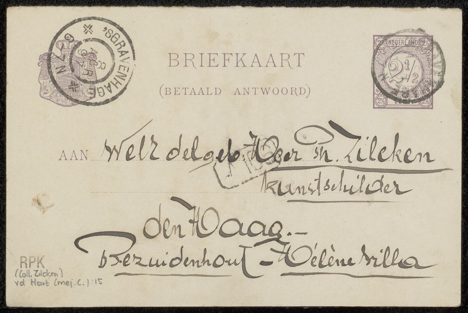 Briefkaart aan Philip Zilcken by Cornelia van der Hart