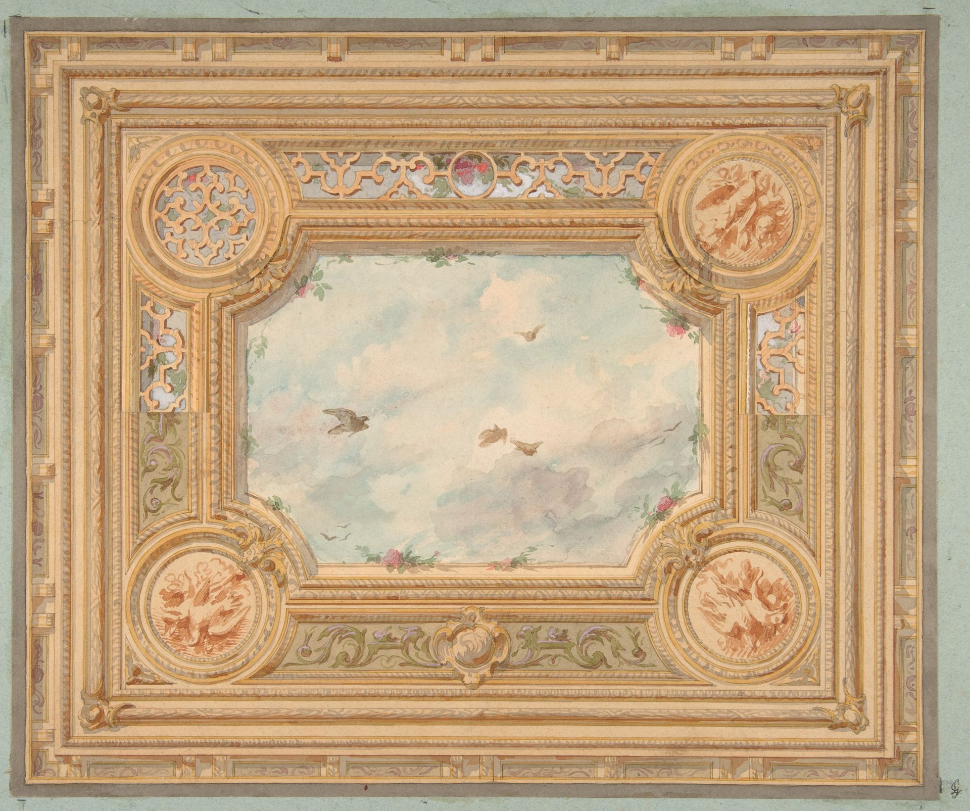 Design for a ceiling with four medallions and sky motif in center by Jules-Edmond-Charles Lachaise