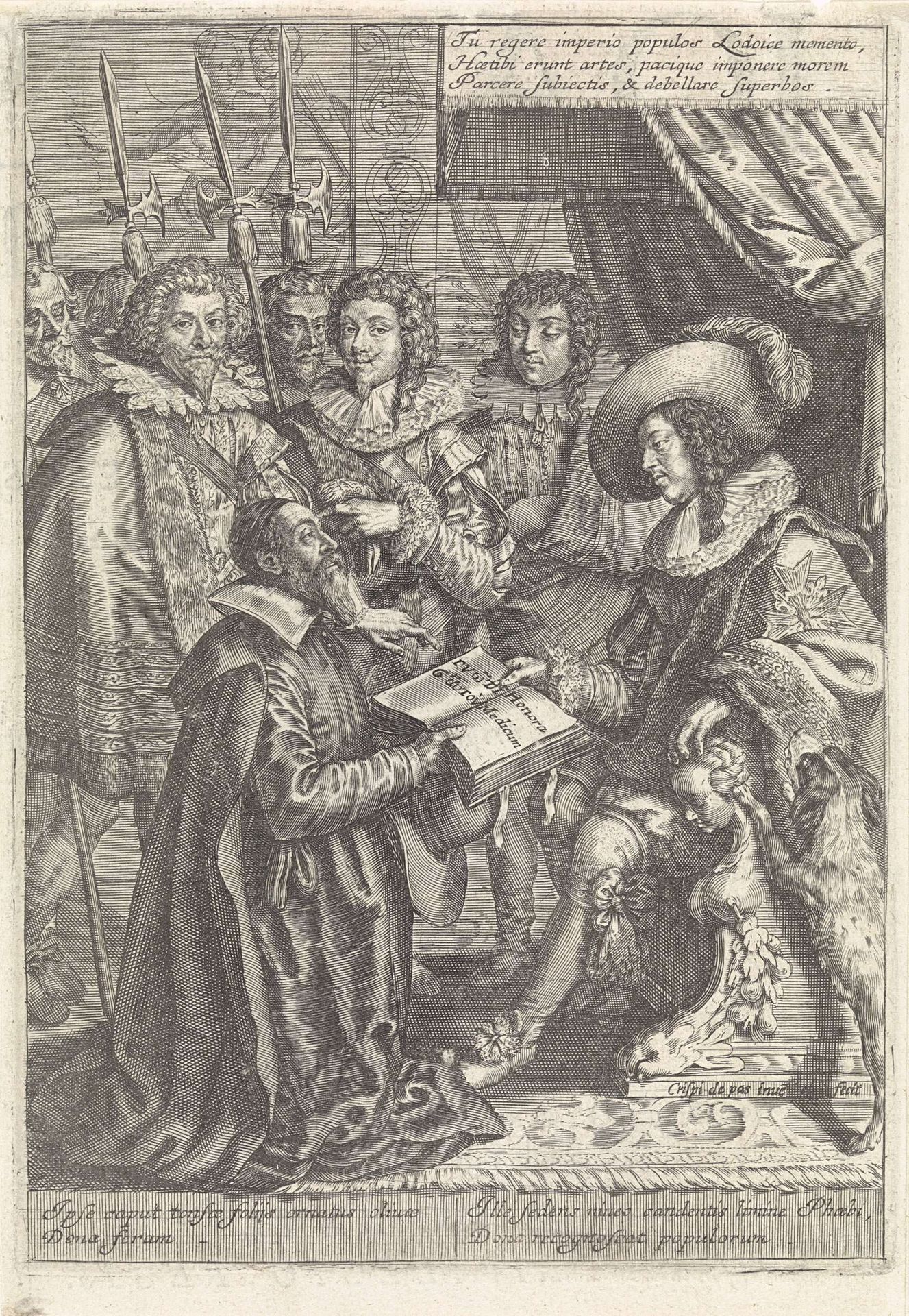 Lodewijk XIII ontvangt een boek van Johannes Riolanus by Crispijn van de (II) Passe