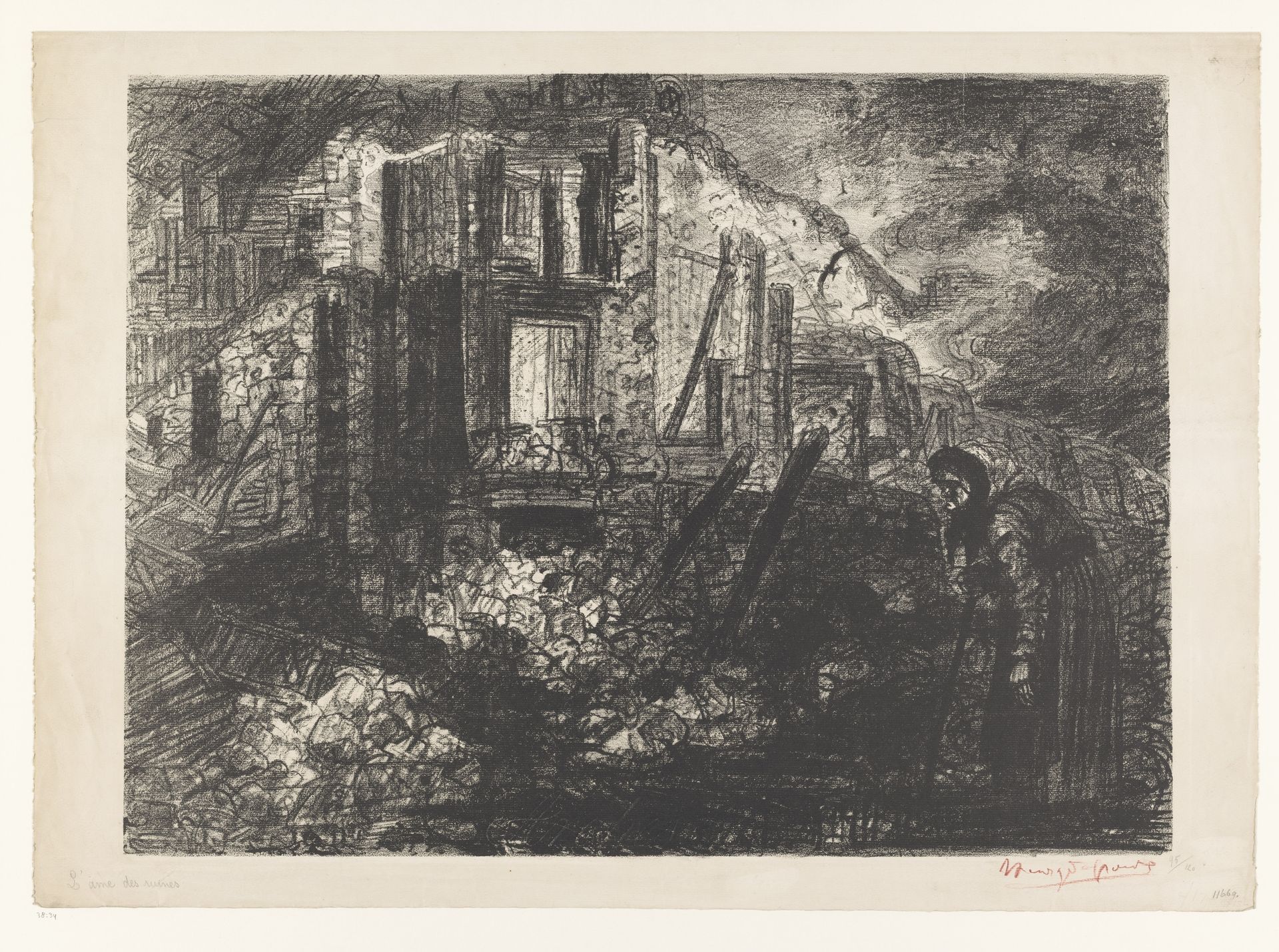 Figuur met wandelstok bij gebouwen in puin by Henri de Groux