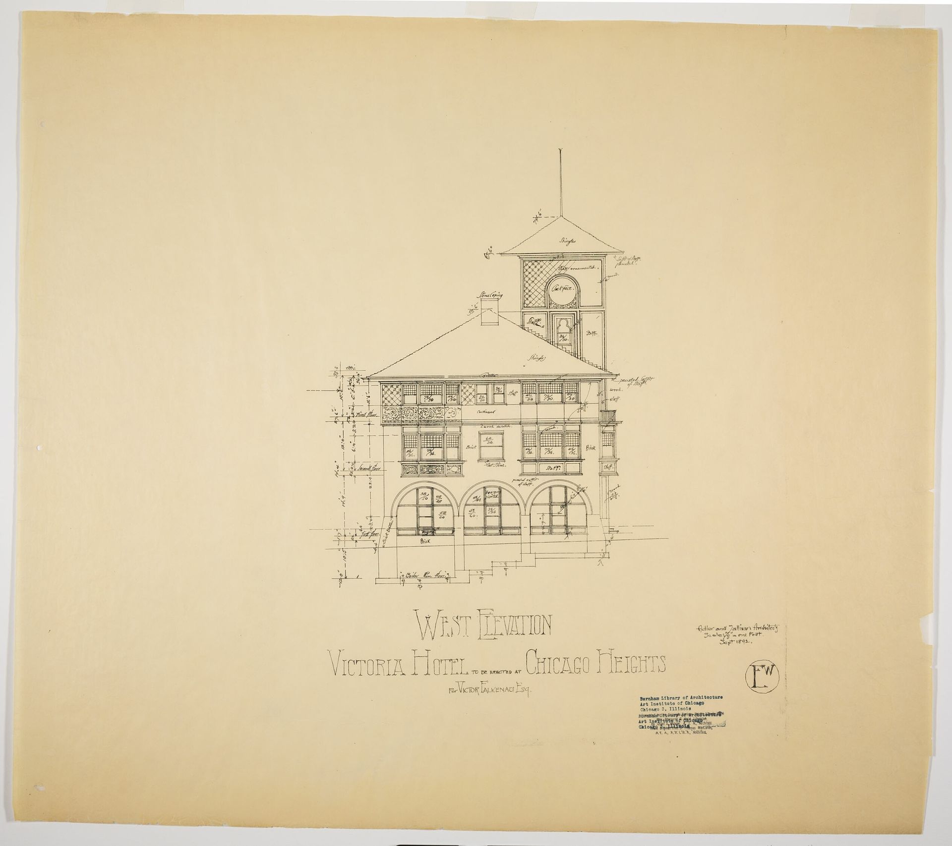 Victoria Hotel, Chicago Heights, Illinois, West Elevation by Adler & Sullivan, Architects