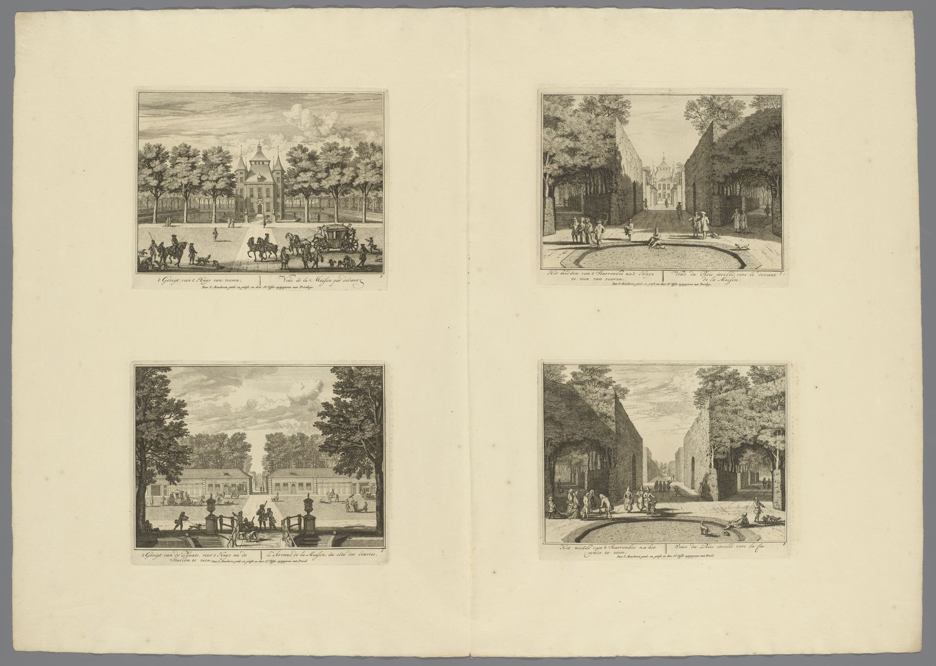 Vooraanzicht van Kasteel Heemstede / Plein en stallen bij Kasteel Heemstede / Gezicht vanuit het Starrenbos op Kasteel Heemstede / Gezicht vanuit het midden van het Starrenbos by Isaac de Moucheron