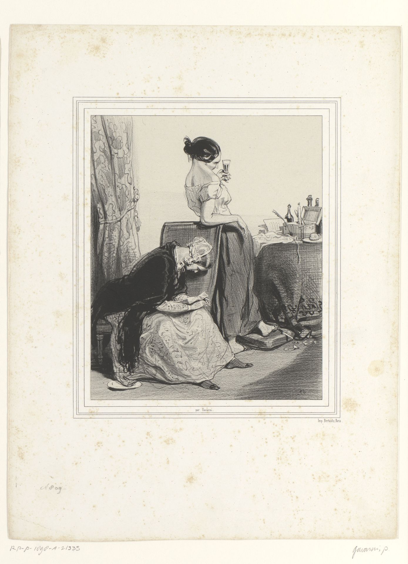 Vrouw met glas wijn praat tegen vrouw met boek by Paul Gavarni