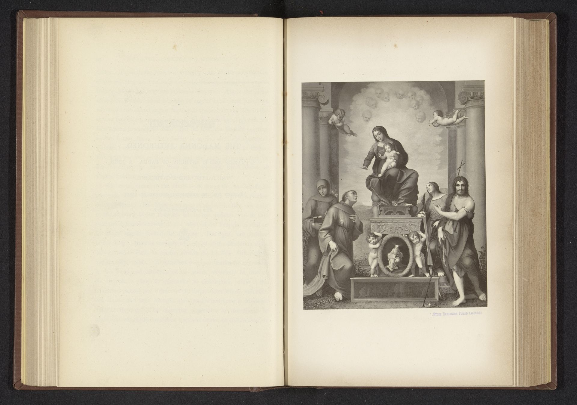 Fotoreproductie van een prent naar een schilderij, voorstellende de tronende Madonna tussen heiligen by Anonymous