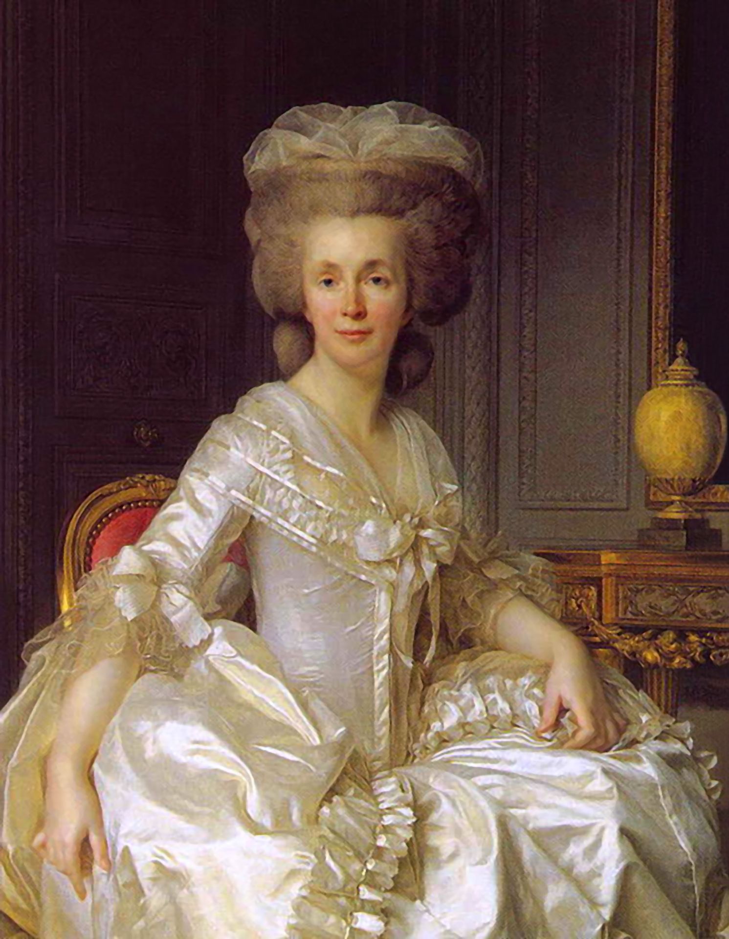 Portrait of Suzanne Curchod (Madame Jacques Necker) Wearing a White Satin Dress by Joseph Duplessis