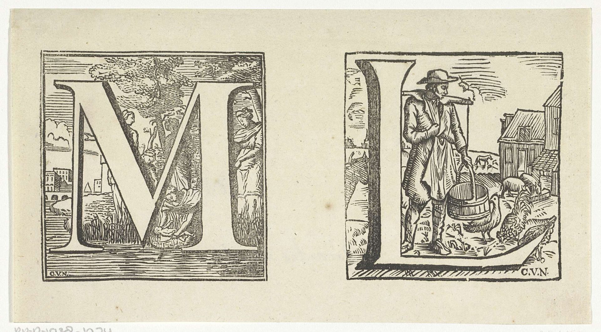 Letters M en L in omlijstingen met een voorstelling van Mozes die gevonden wordt door de dochter van de farao en een boer die zijn beesten voert by Cornelis van Noorde