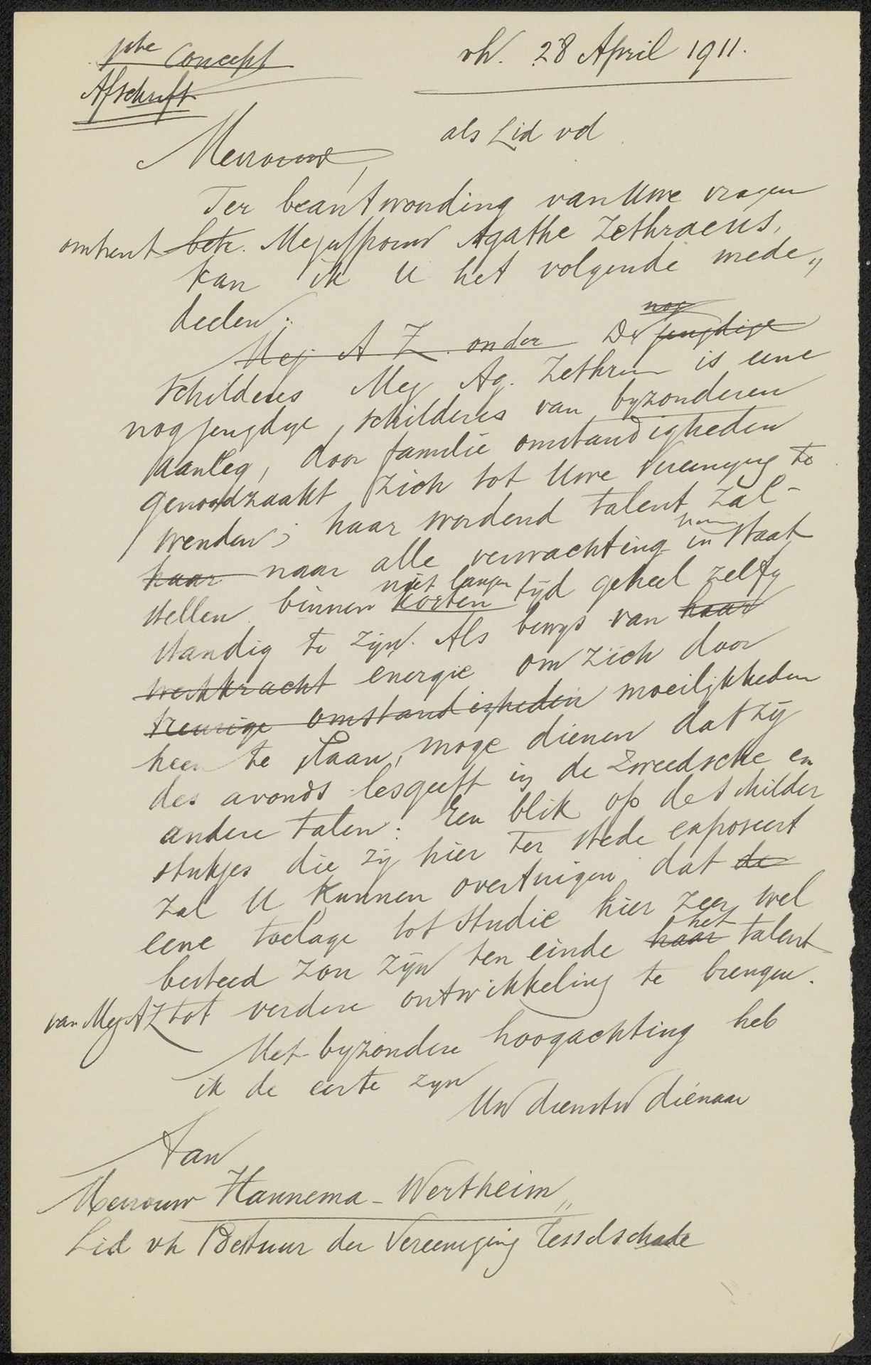 Brief aan mevrouw Hannema-Wertheim by August Allebé