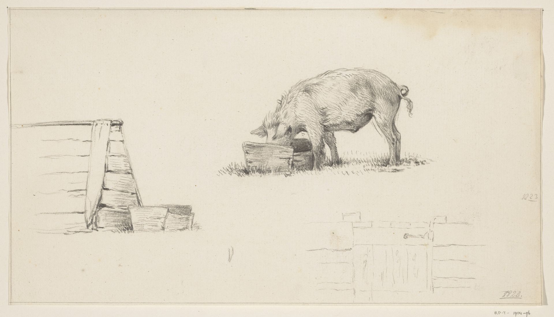 Varken, een hok en een schets van een hek by Jean Bernard