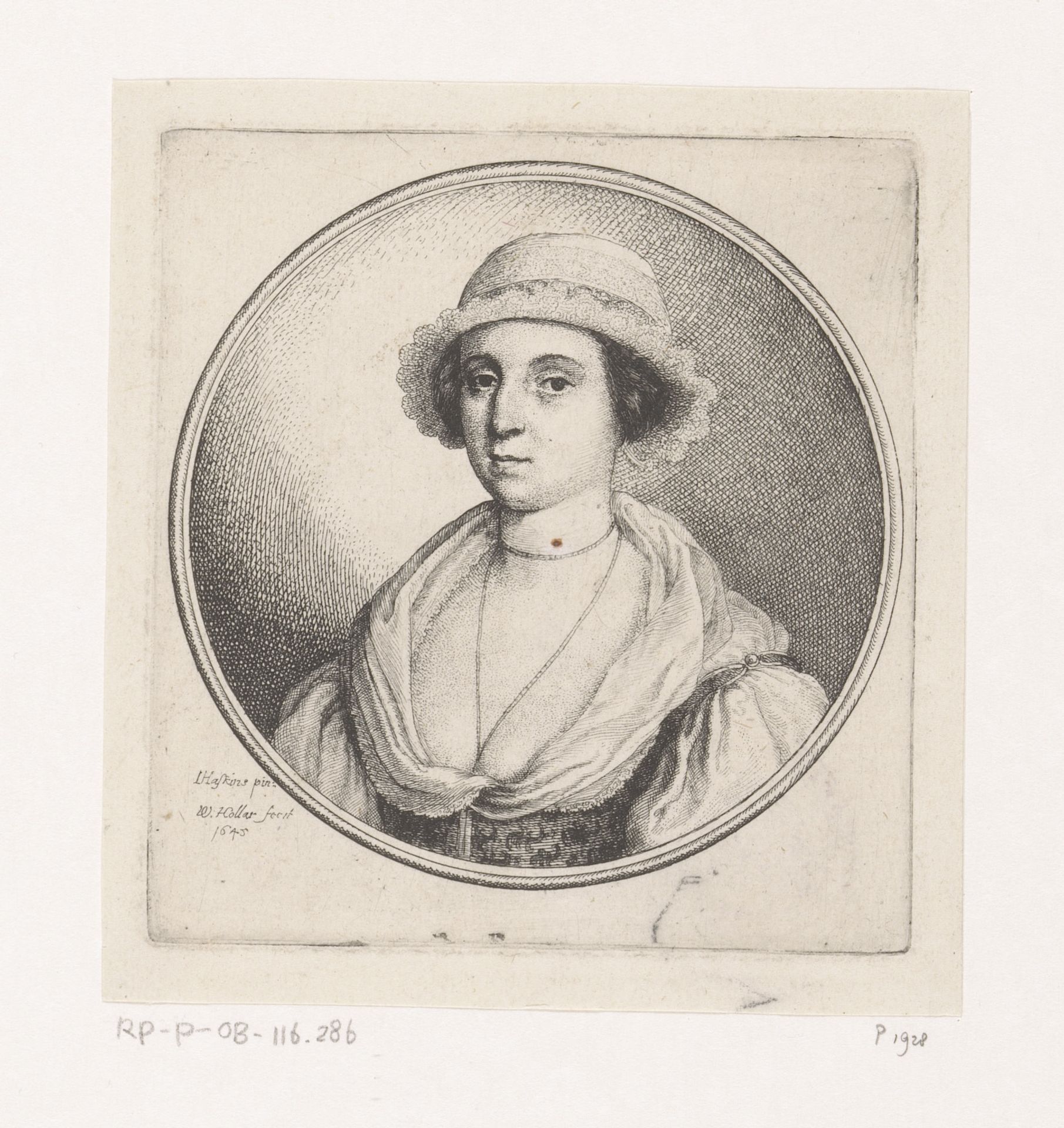Vrouw met laag decolleté en kanten mutsje by Wenceslaus Hollar