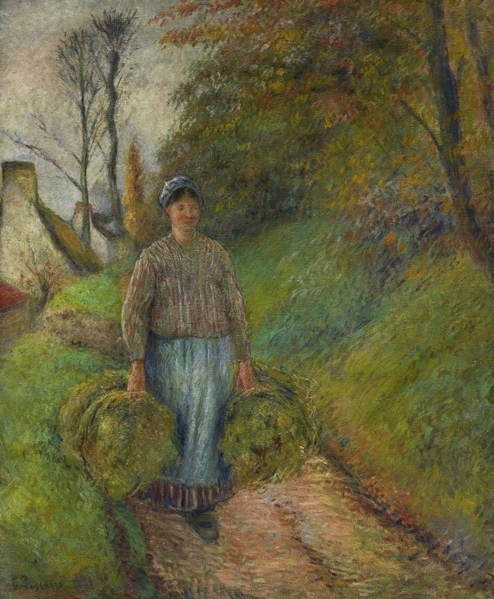 Peasant Woman Carrying Two Bundles of Hay by Camille Pissarro