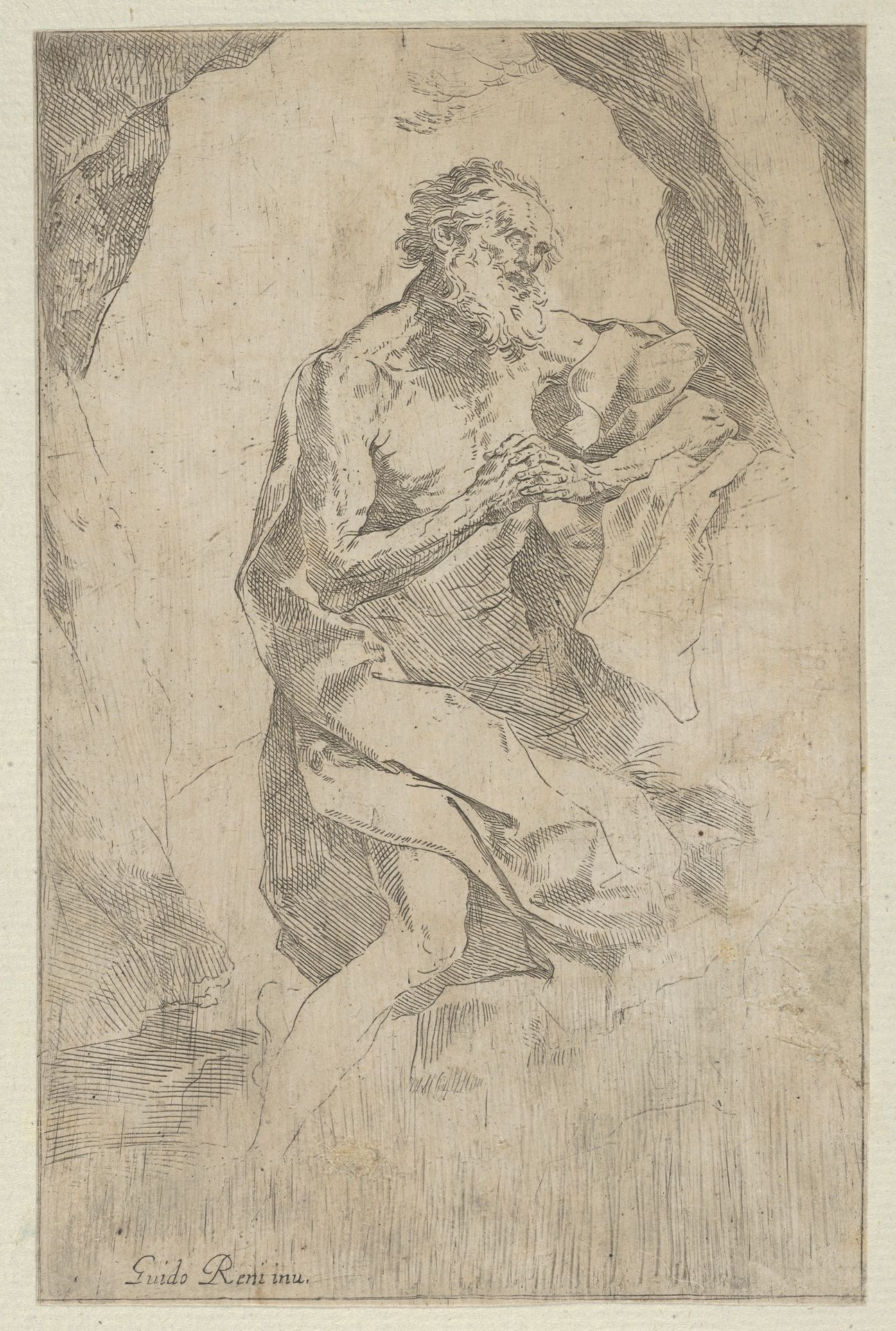 Saint Jerome kneeling on a rock in front of a cross and an open book facing right, after Reni by Anonymous