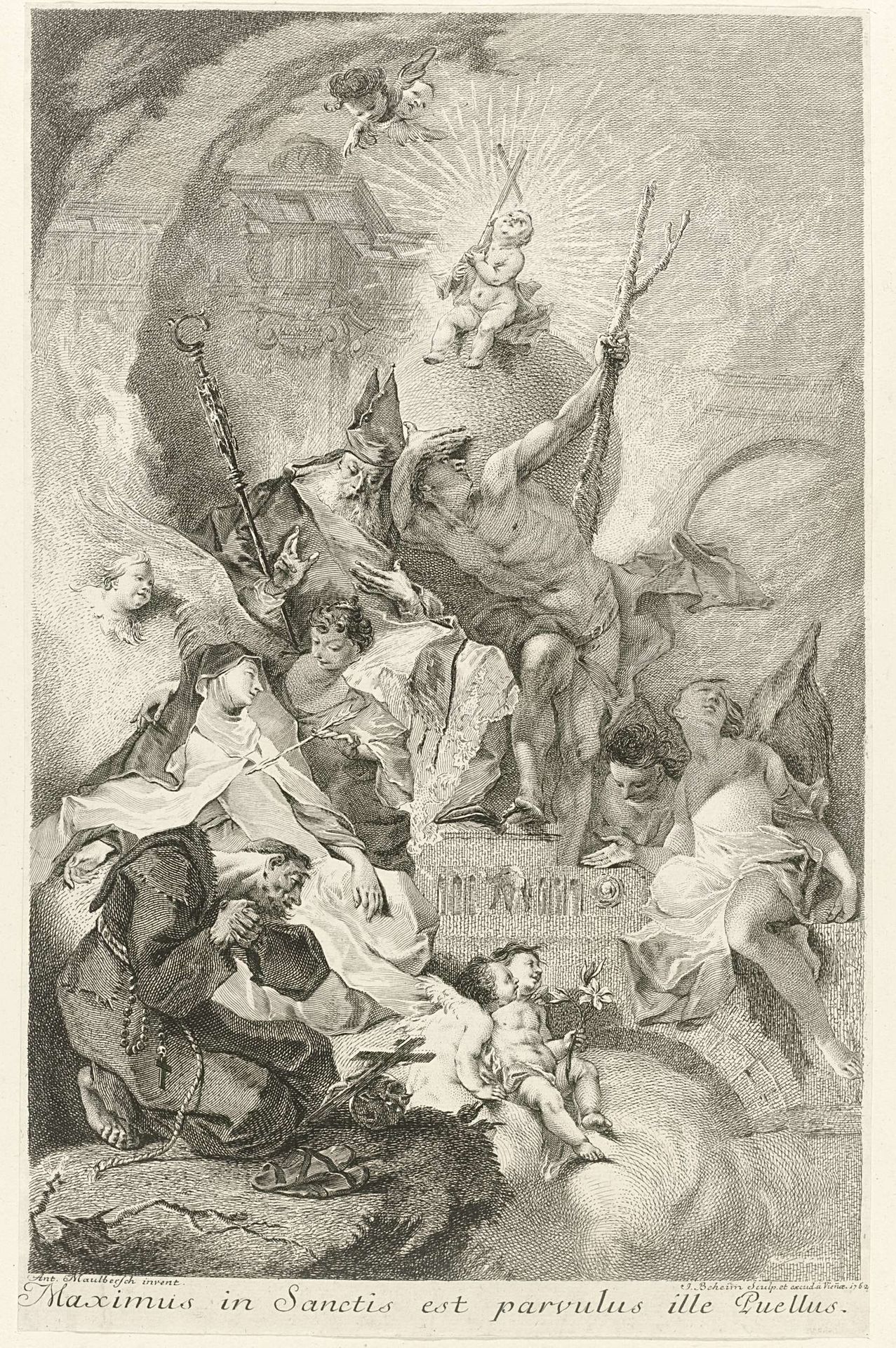 Het Christuskind als Salvator Mundi met verscheidene heiligen en paus Clemens XIII by Johann Beheim