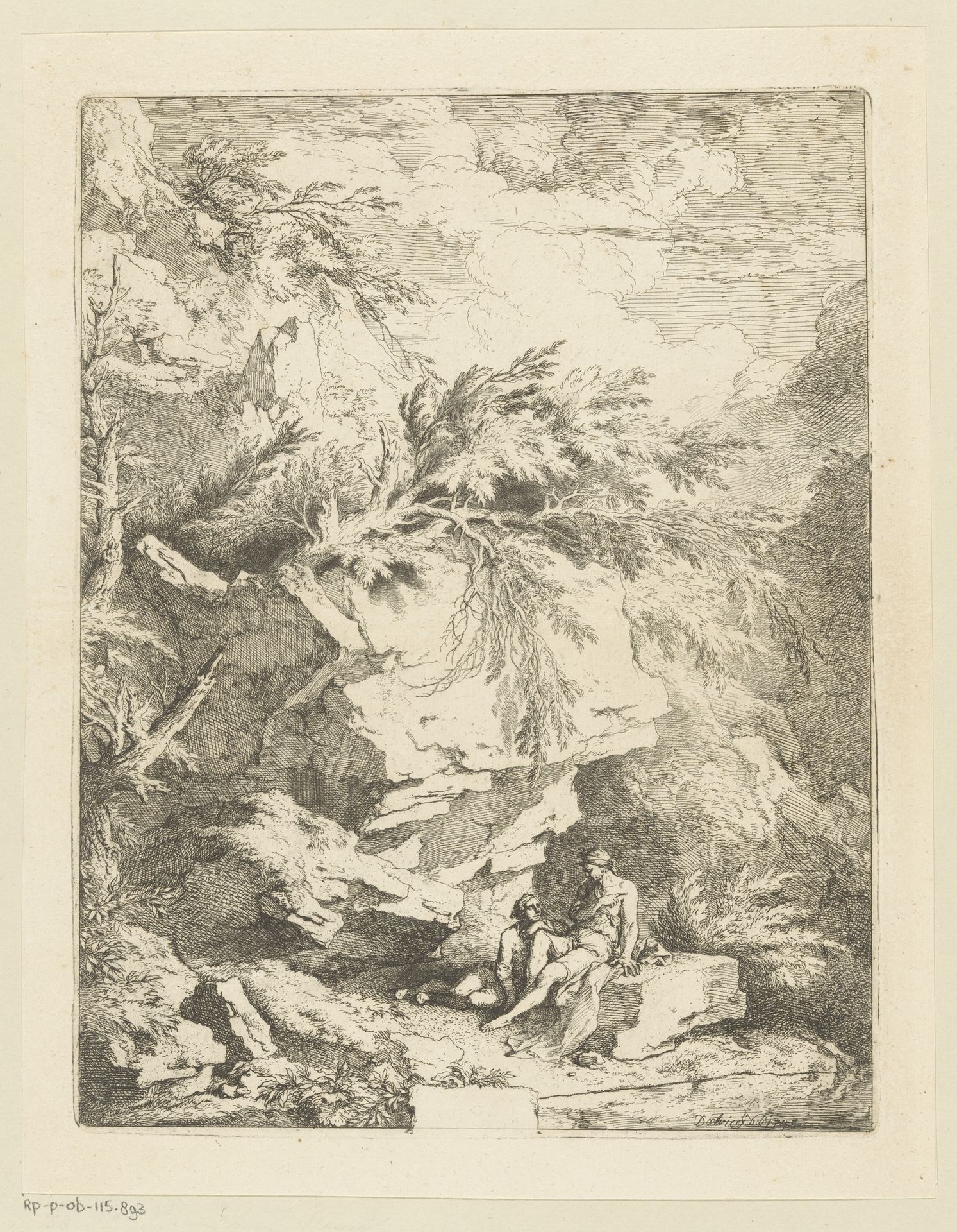 Rotslandschap met twee figuren rustend op een steen by Christian Wilhelm Ernst Dietrich
