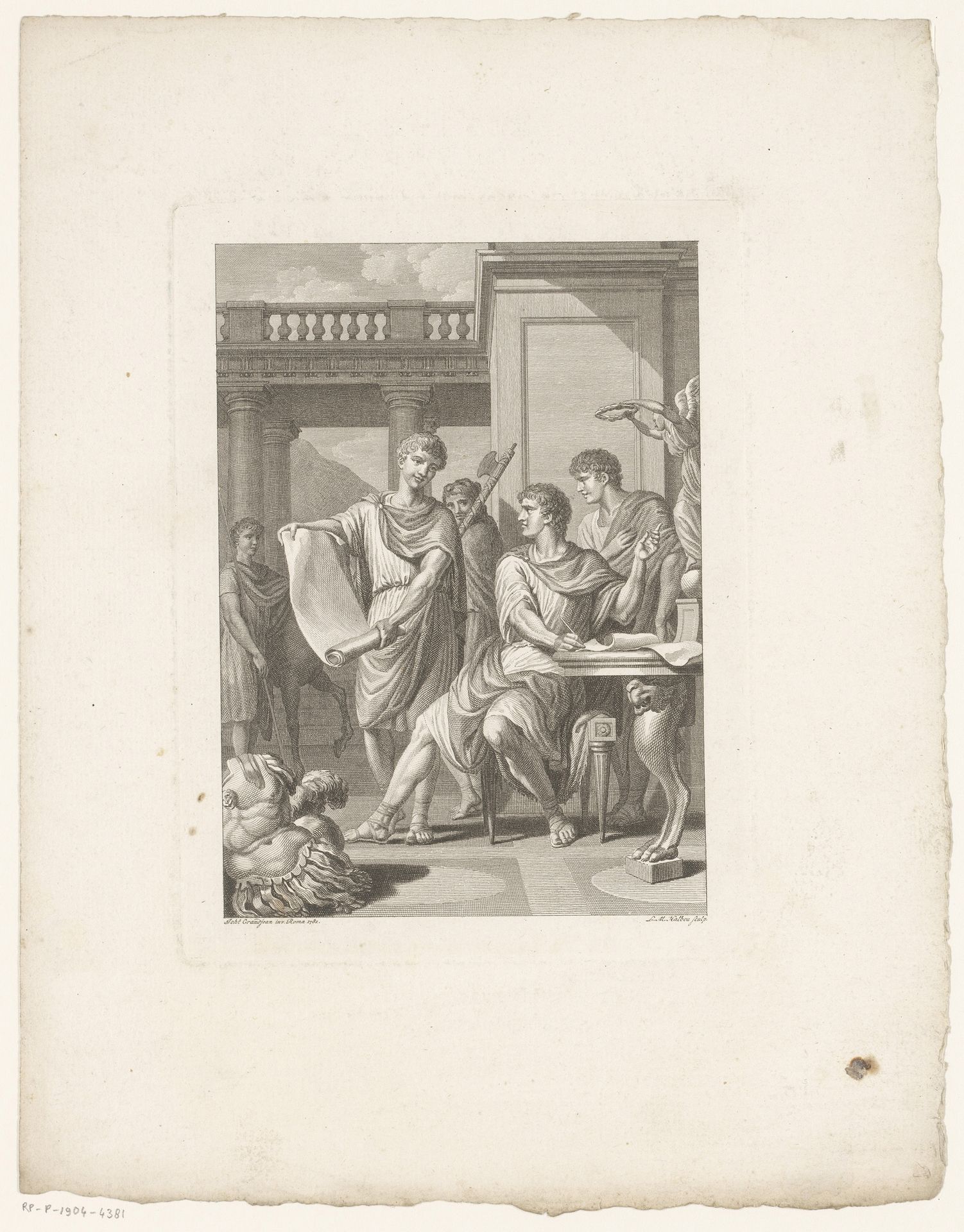 Germanicus ontrolt een papier by Louis Michel Halbou