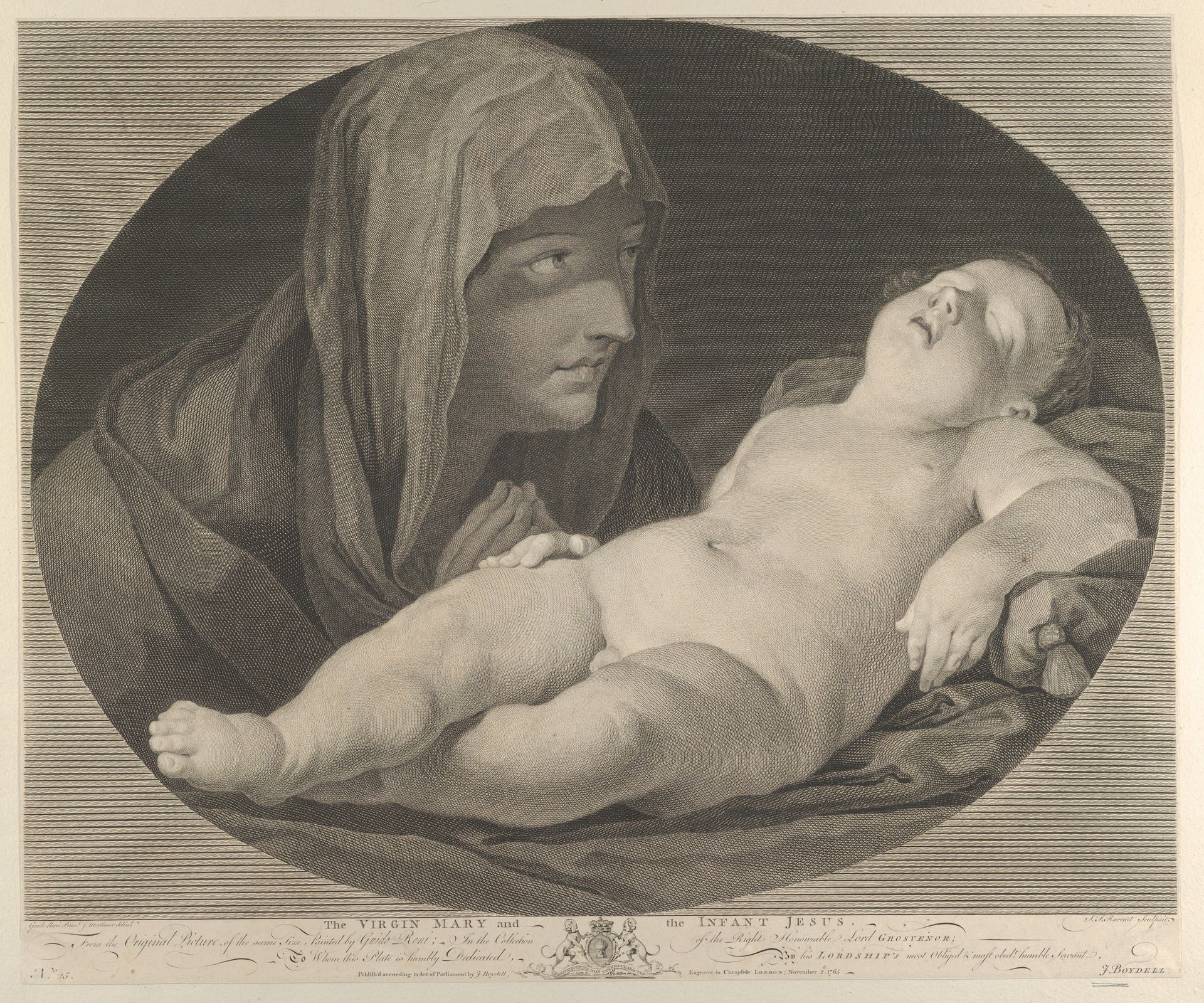 The Virgin in prayer, looking at the sleeping infant Christ, in an oval frame, after Reni by Simon Francis Ravenet, the elder