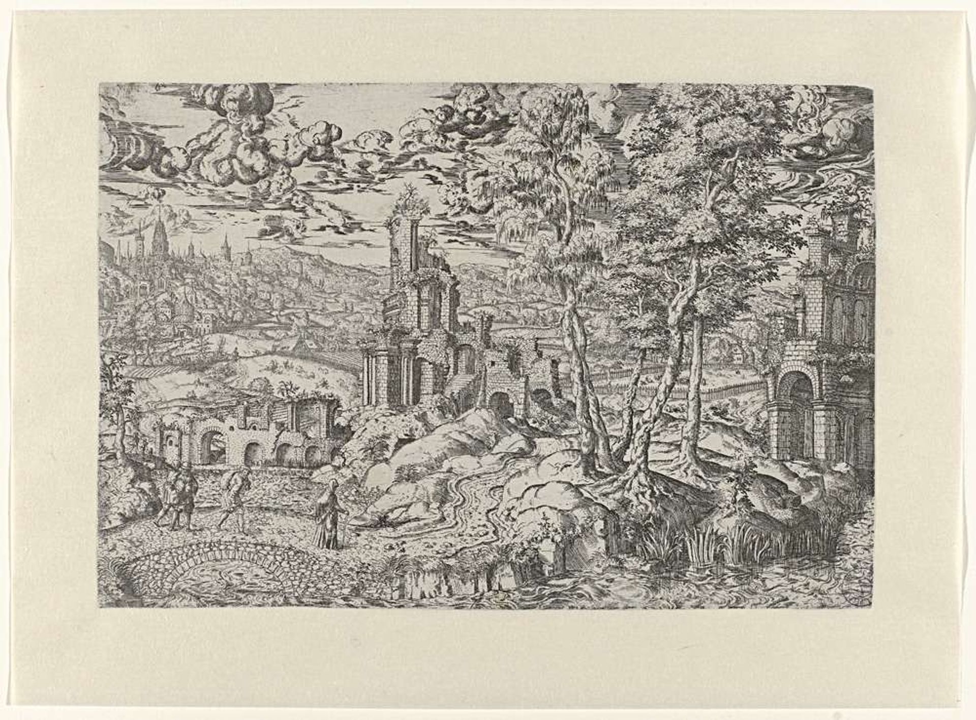 Panoramic Landscape with Ruins, a City and Travellers by Anonymous