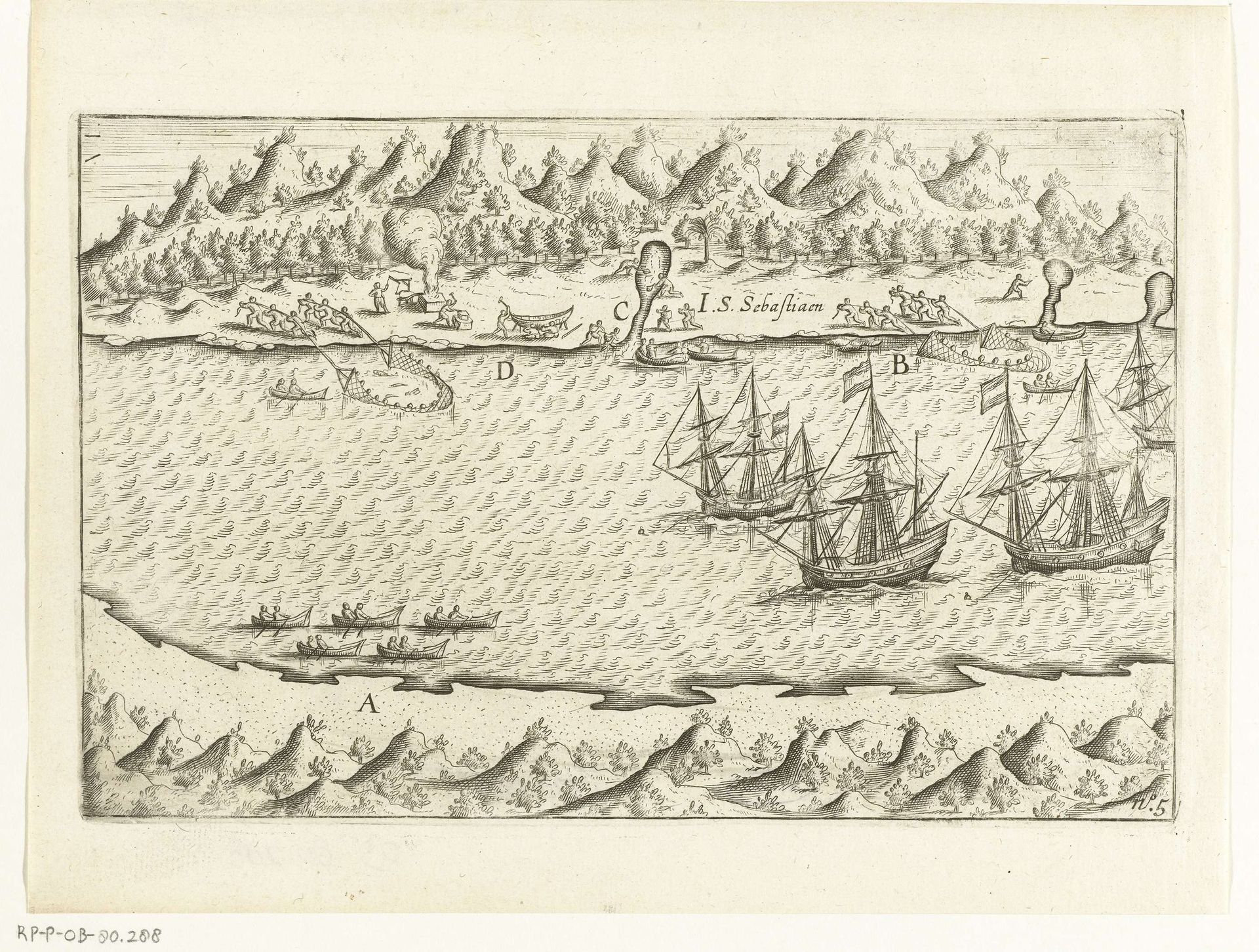 Inslaan van verversingen op het eiland van San Sebastiaan, 1599 by Anonymous