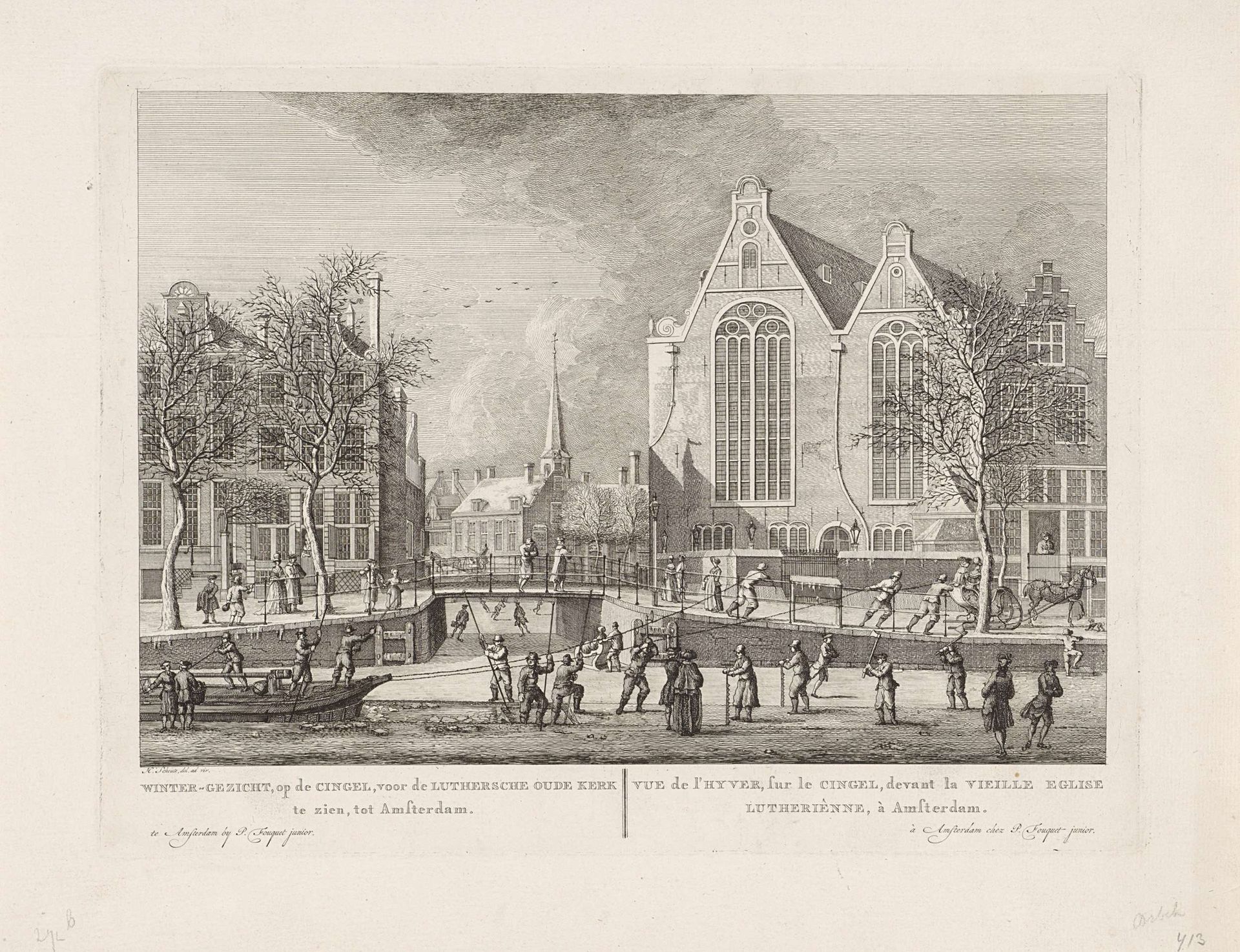 Wintergezicht op de Singel, voor de Oude Lutherse Kerk te Amsterdam by Hermanus Petrus Schouten