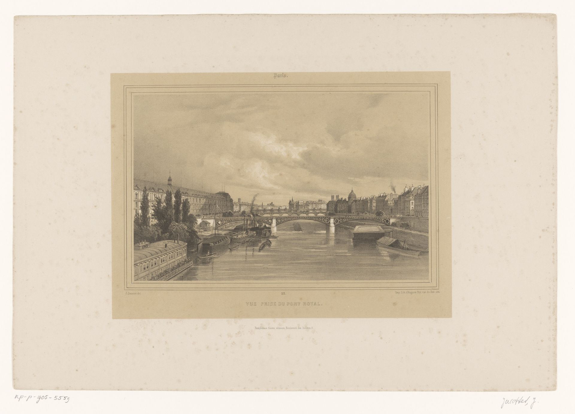 Zicht op de Seine vanaf de Pont Royal in Parijs by Louis-Julien Jacottet