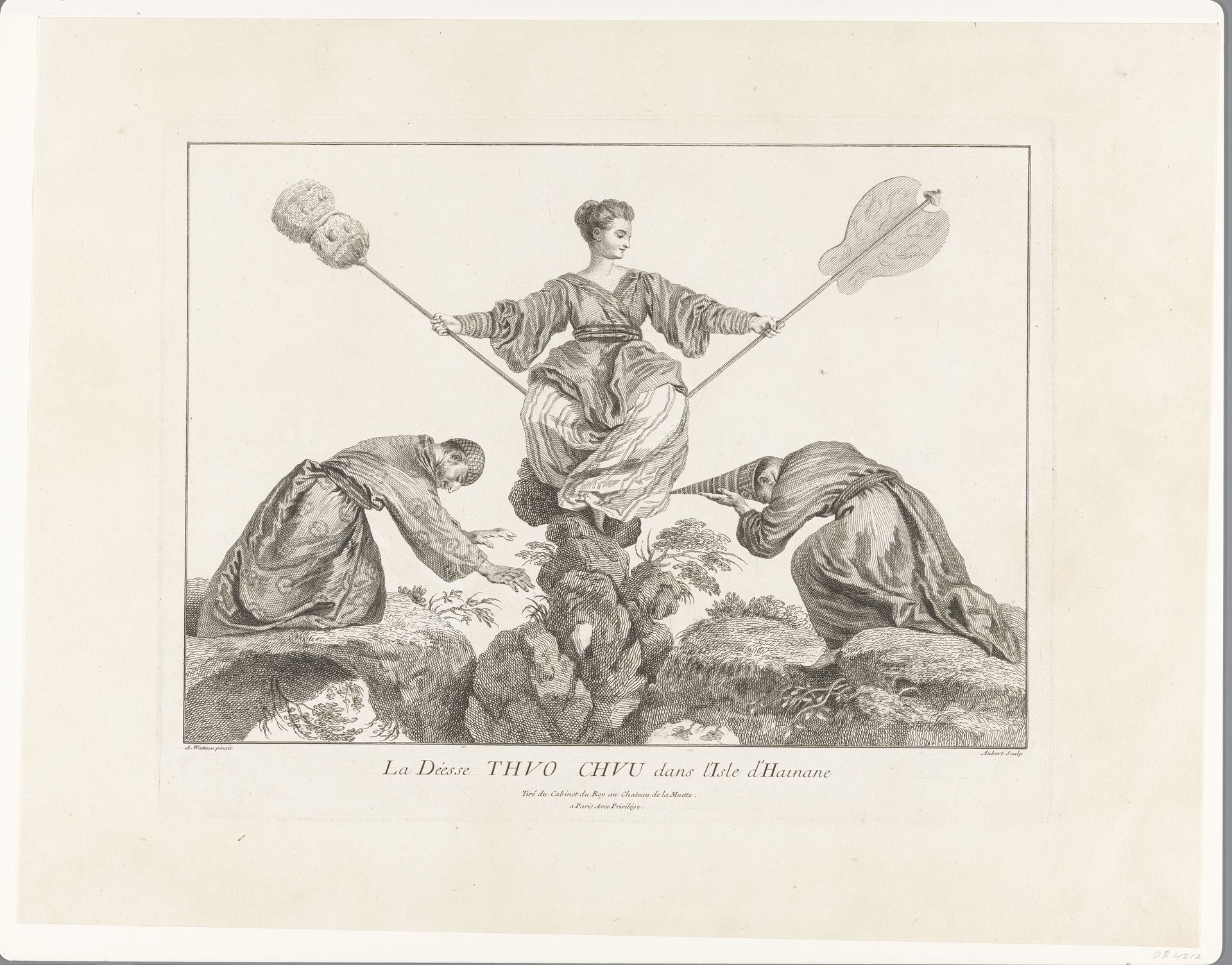 Vrouw, zittend op een rots, geflankeerd door twee biddende figuren by Michel Aubert