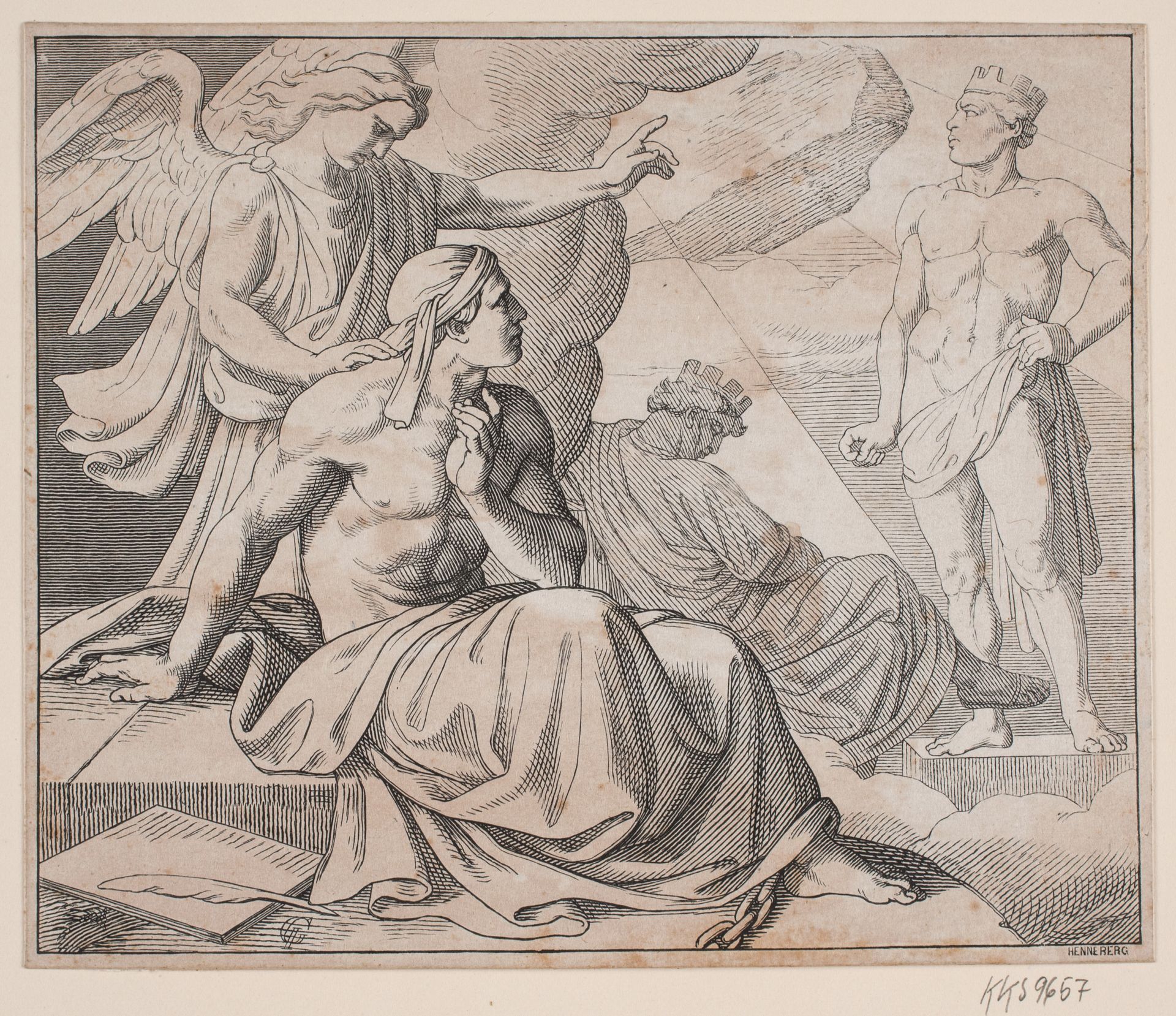 Allegorisk blad. En engel lægger hånden på en mands skulder og peger på en statue by H. C. Henneberg