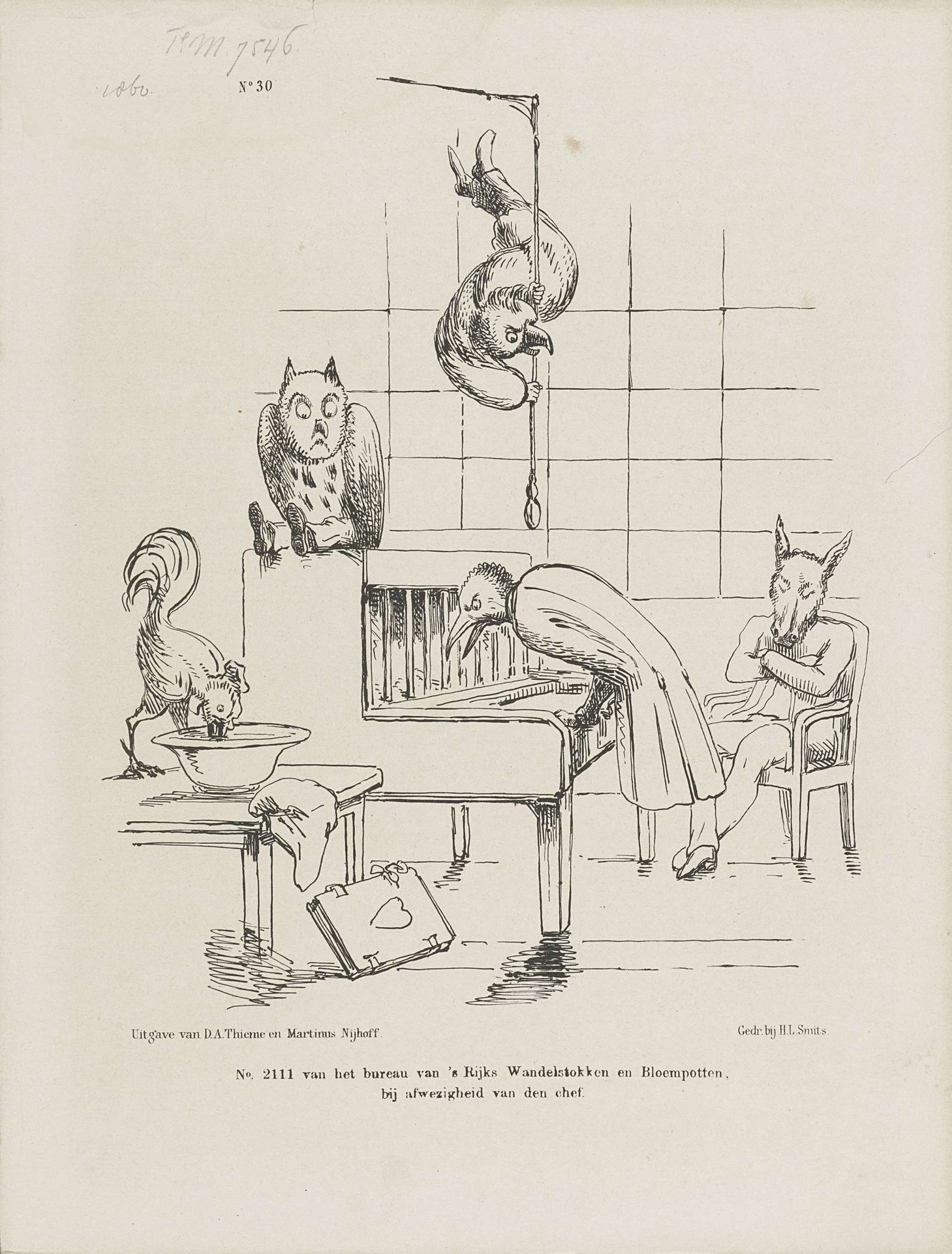 Spotprent op ledigheid van ambtenaren bij afwezigheid van de chef,  1860 by Johan Michaël Schmidt Crans