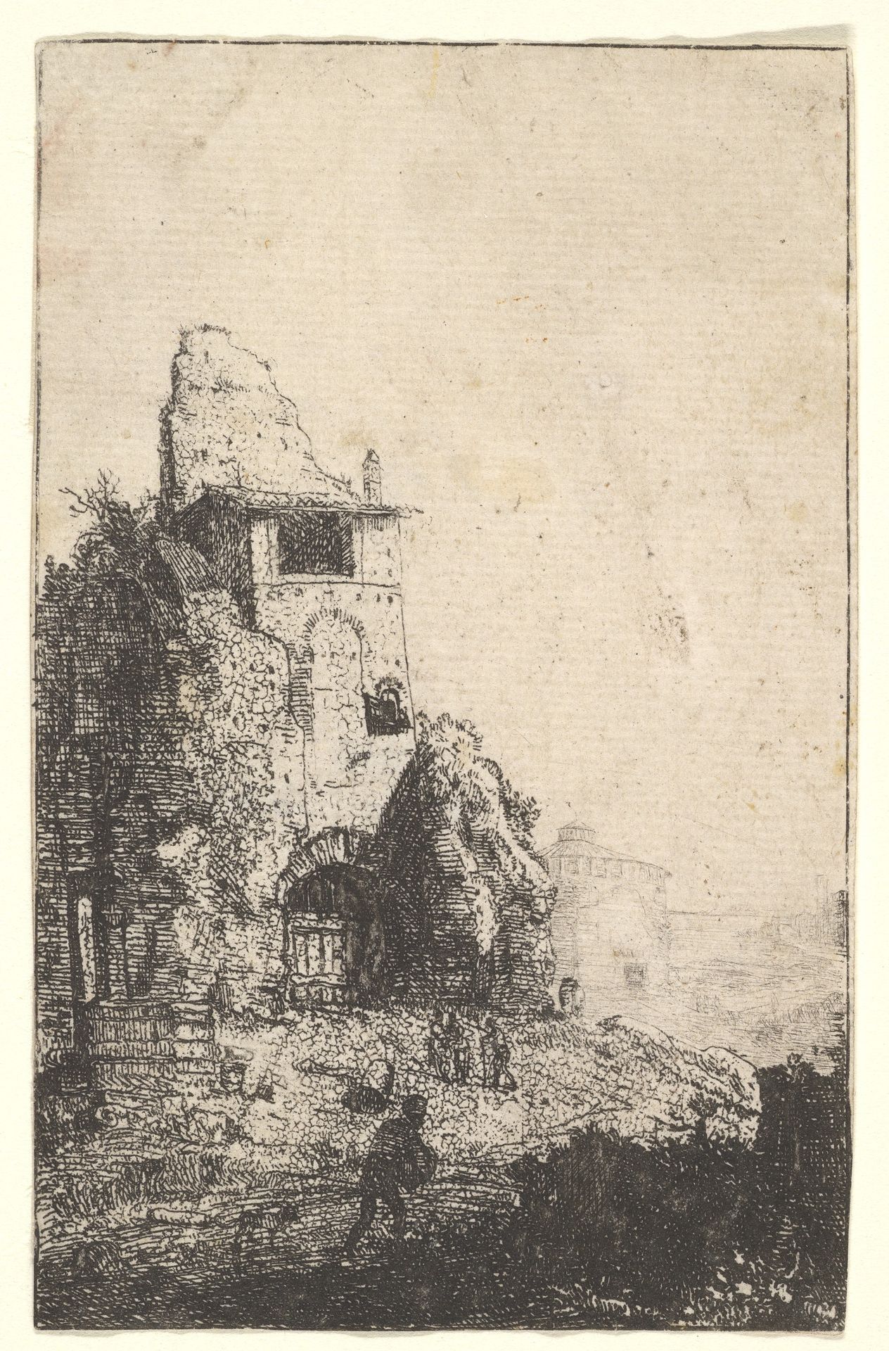 Plate 2: Calidarium at the Baths of Diocletian, with a man striding toward the right foreground, from the series 'The Ruins of Rome' by Bartholomeus Breenbergh