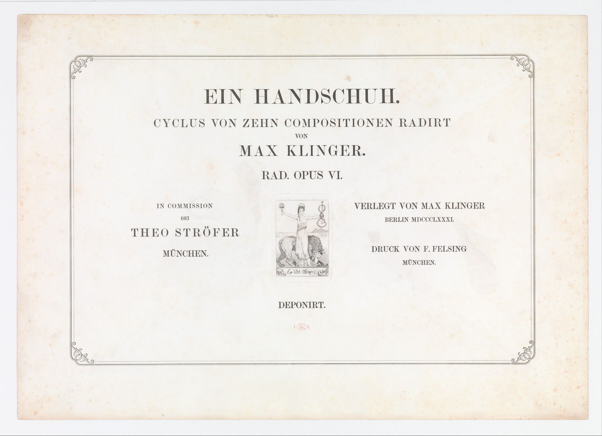 Title Page from Ein Handschuh (A Glove). Cyclus von zehn Compositionen radirt. Rad. Opus VI. First edition by Max Klinger