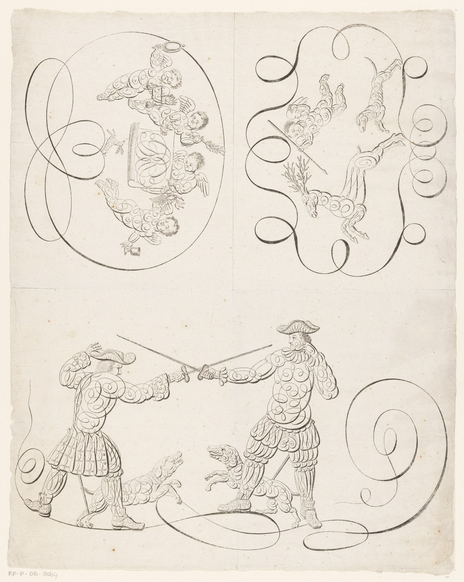 Kalligrafie met duellerende mannen en putti by Anonymous