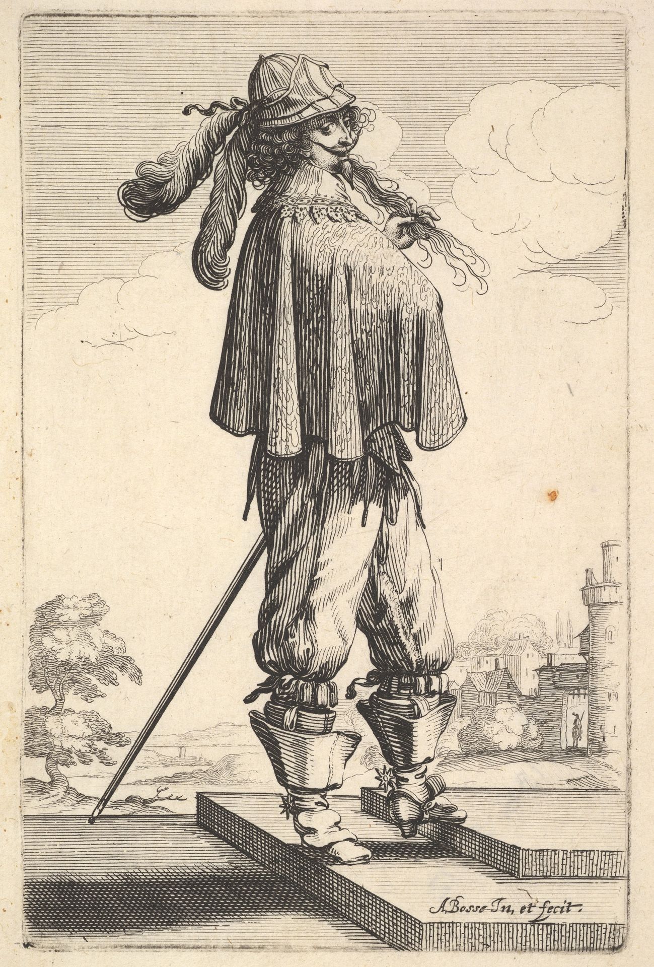 A gentleman wearing a short coat, a helmet, and boots with spurs, standing on the steps and turned towards the right, from "The Garden of the French Nobles In Which One Can Pick Up Their Way of Dressing" by Abraham Bosse