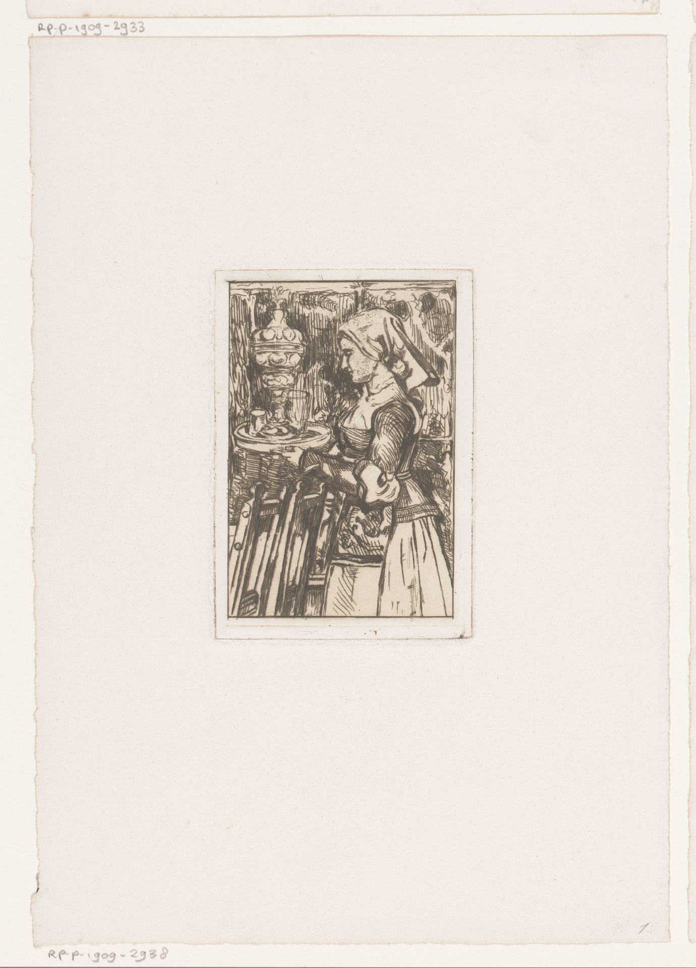 Jonge vrouw met dienblad bij een tafel by Théodore Joseph Cleynhens