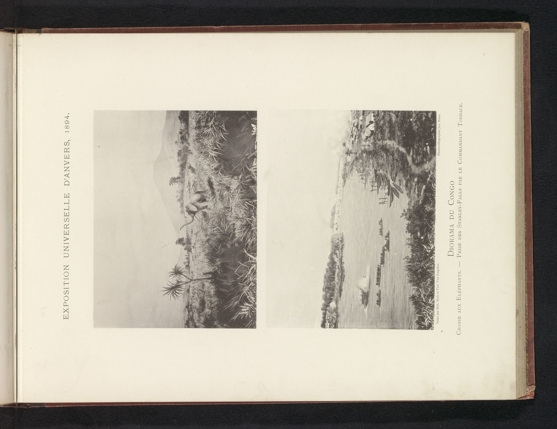 Twee fotoreproducties van schilderingen, voorstellende een olifantenjacht te Congo en boten in het Congobekken by Th. Lantin