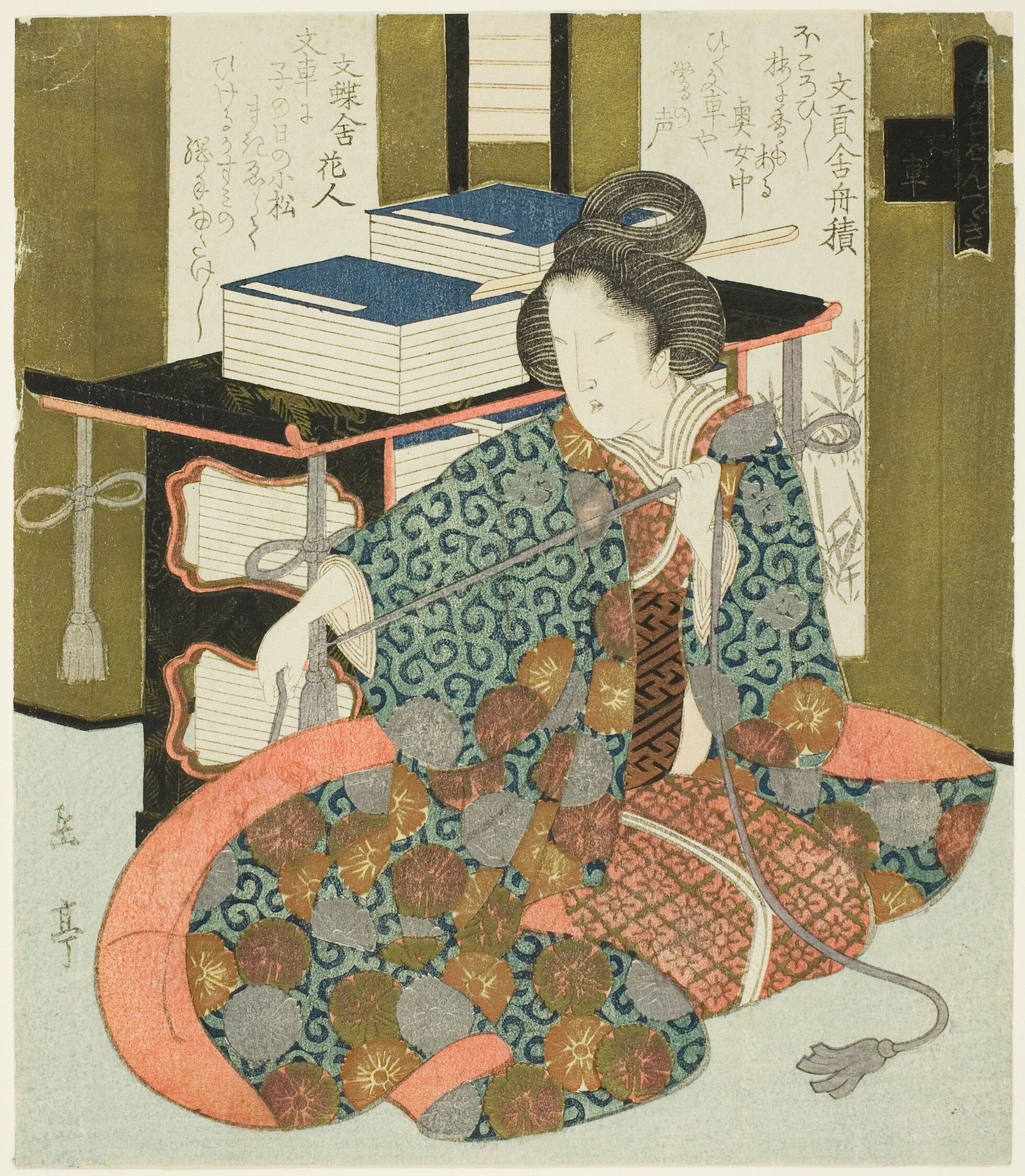A Woman Pulling the Cord of a Wheeled Book Case, from the series "A Set of Seven for the Katsushika Club" by Yashima Gakutei 屋島岳亭