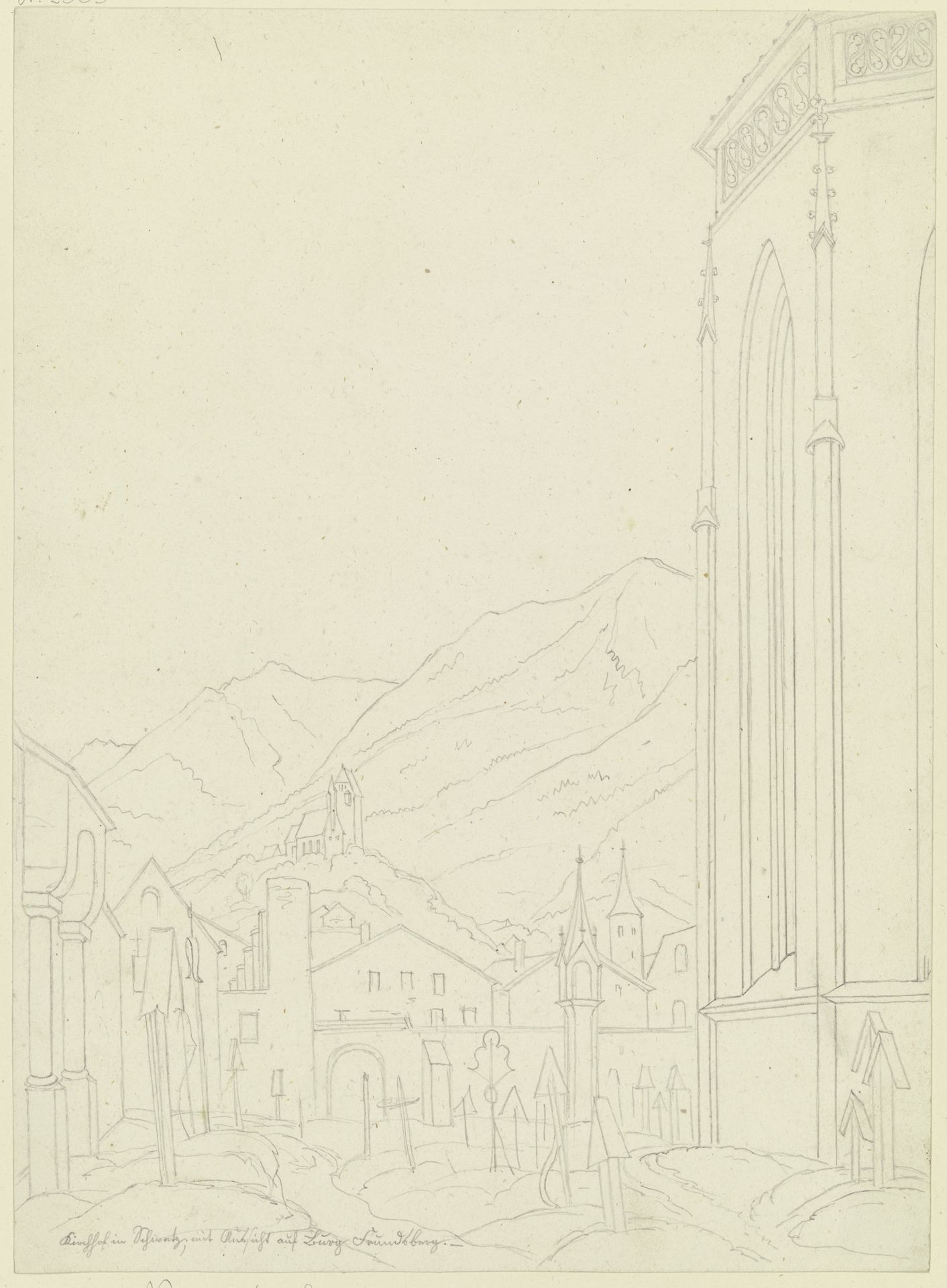 Kirchhof in Schwaz mit Ansicht auf Burg Trundsberg by Karl Ballenberger