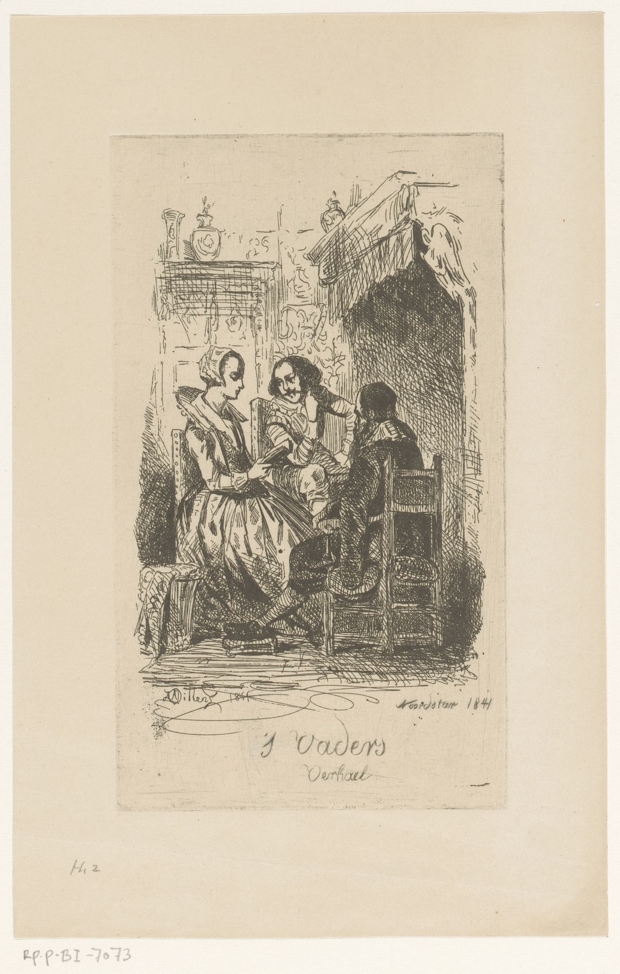 Vrouw leest voor aan twee mannen gezeten voor een haard by Adolphe Alexandre Dillens