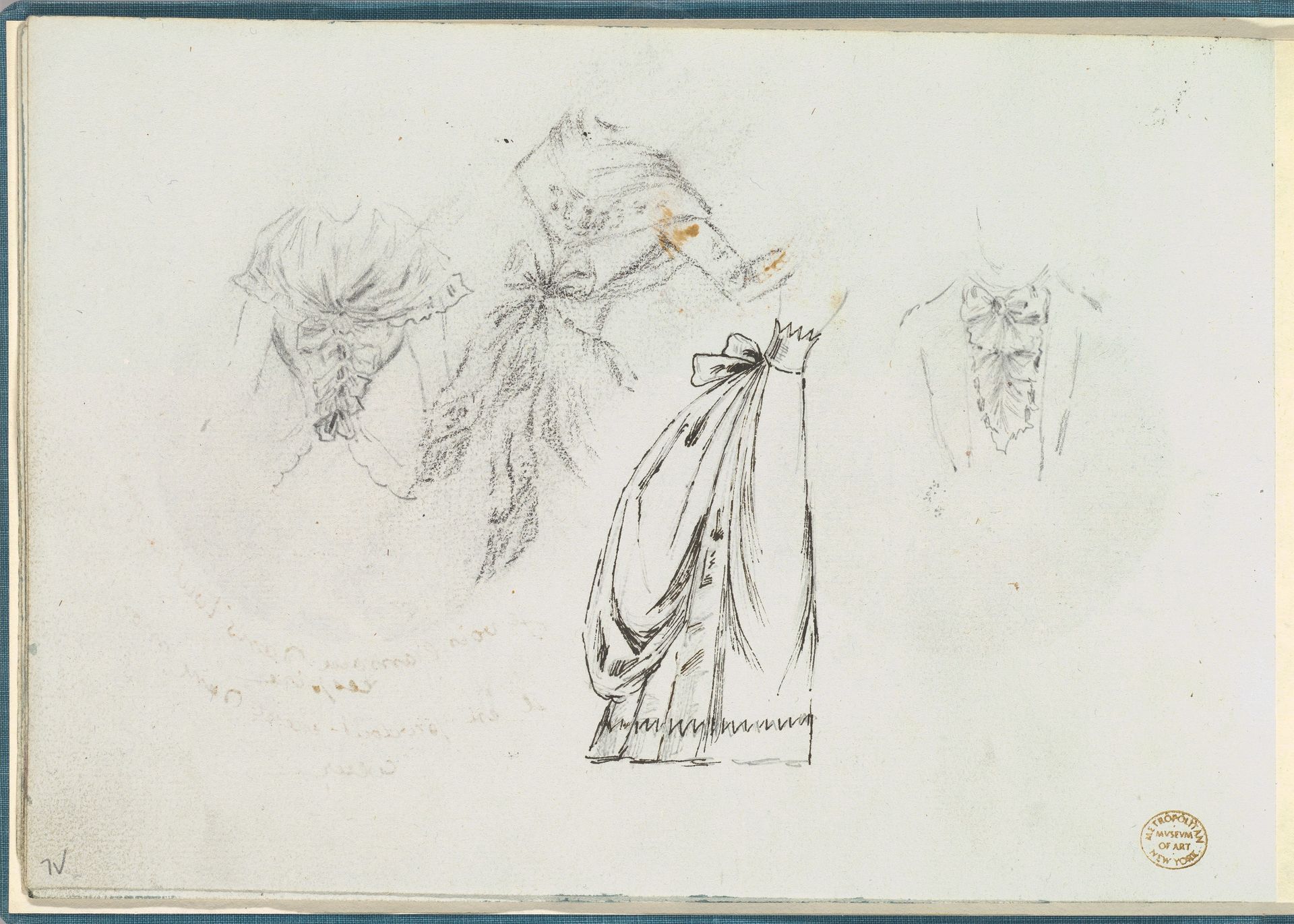 Sketches of Bodices with Bows and a Bouffant Skirt by Anonymous
