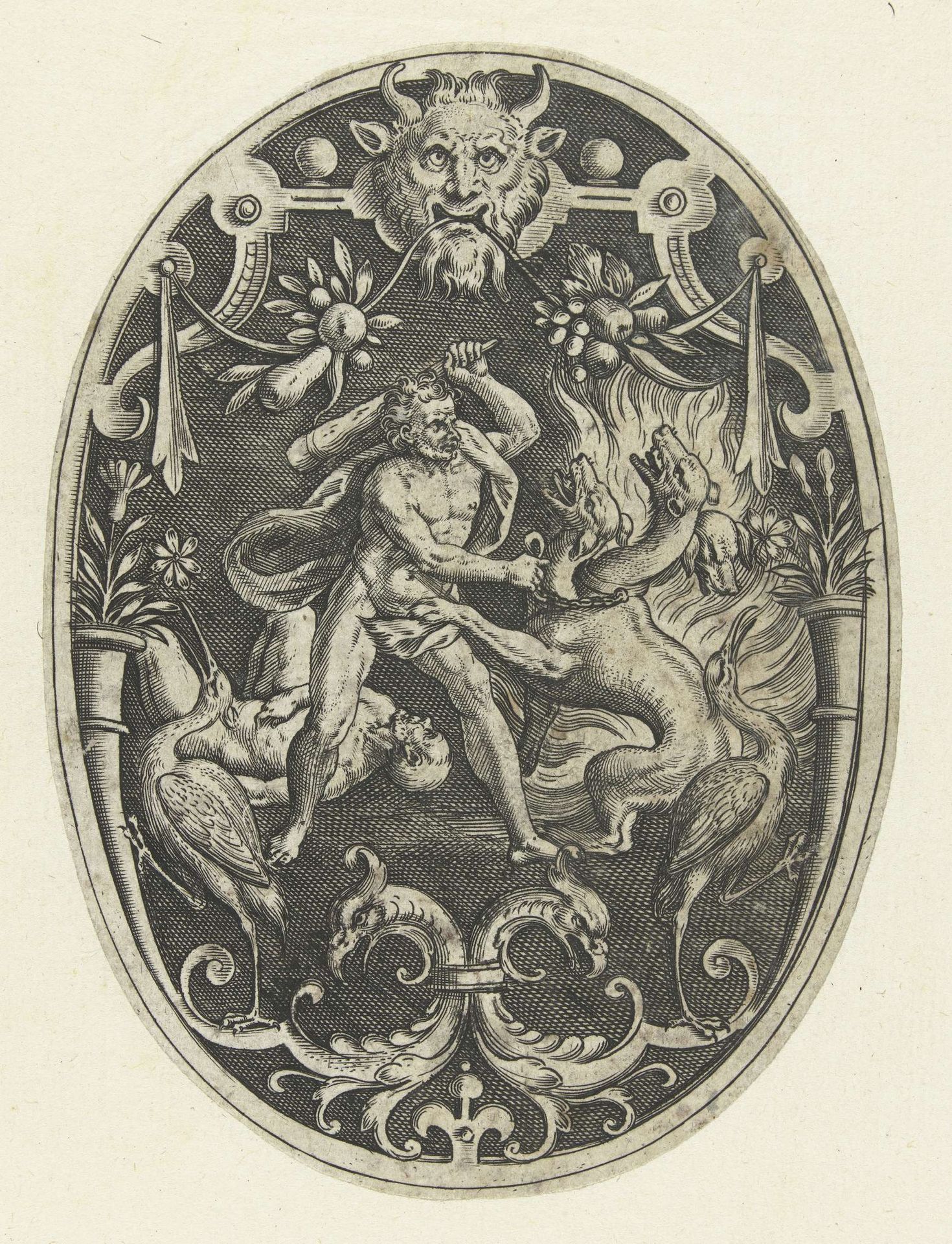 Vlakdecoratie: Hercules doodt het monster Geryon by Gerard de Jode