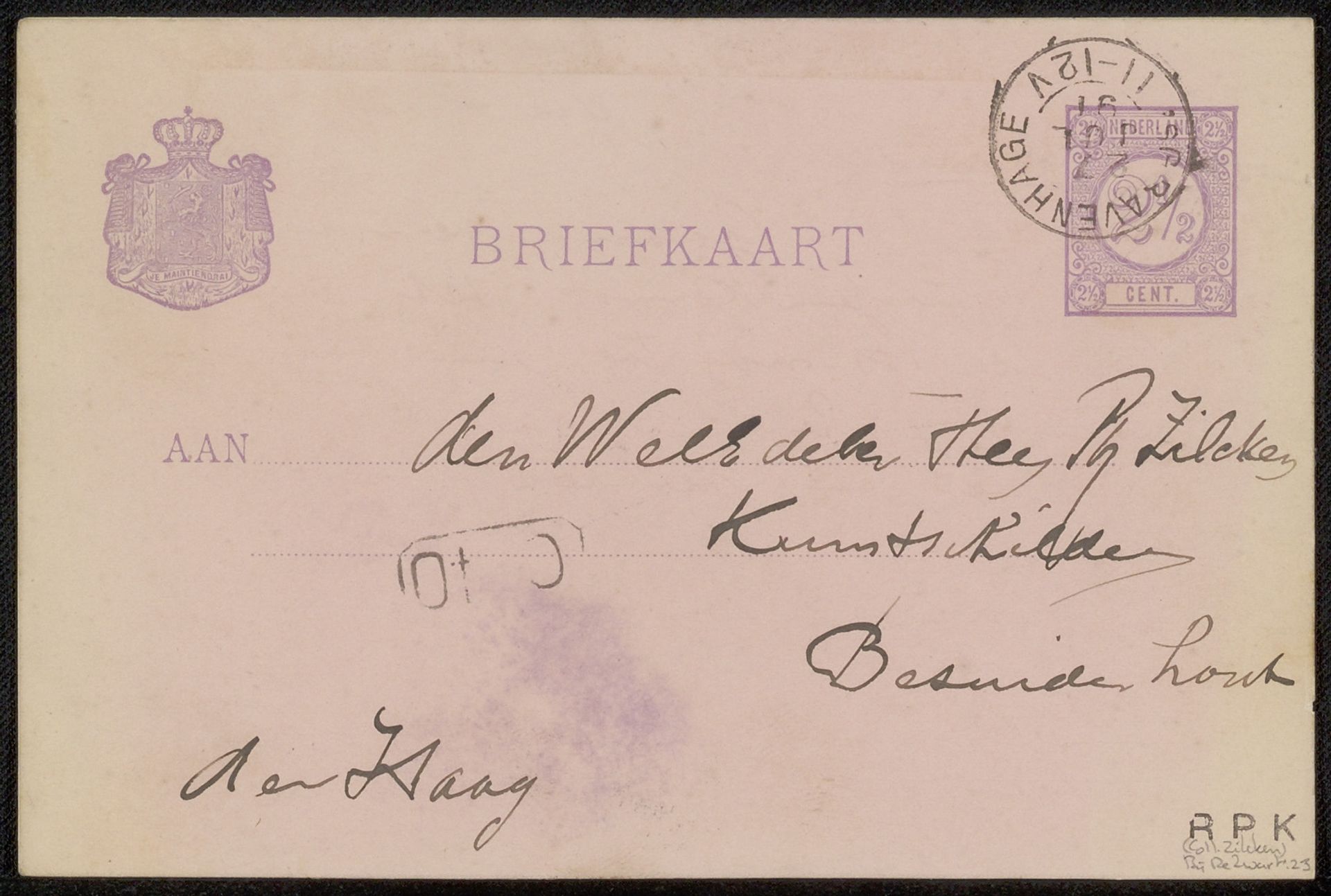 Briefkaart aan Philip Zilcken by Willem de Zwart