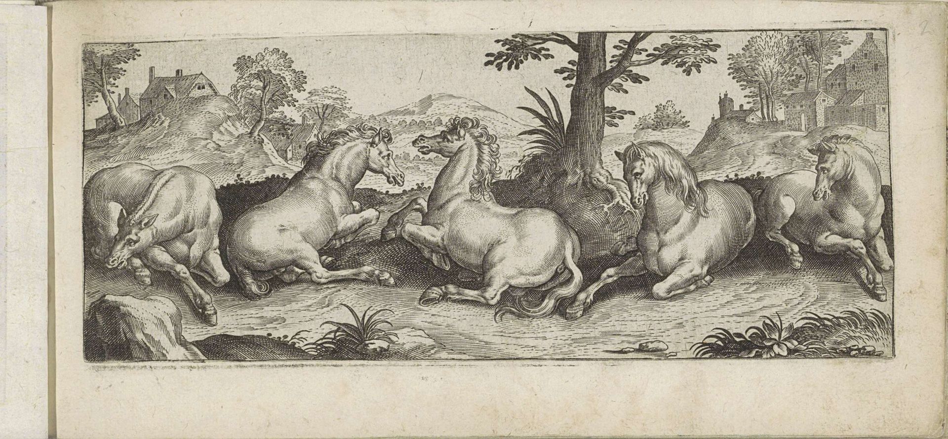Vijf liggende paarden in een landschap by Marcus (I) Gheeraerts