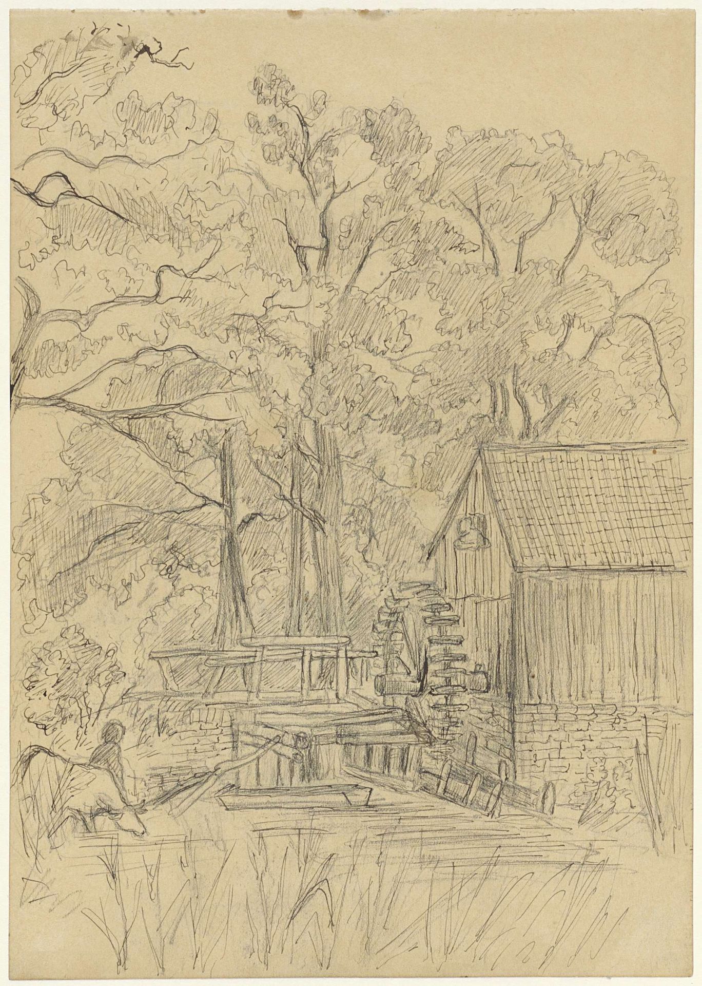 Watermolen tussen bomen by Jozef Israëls