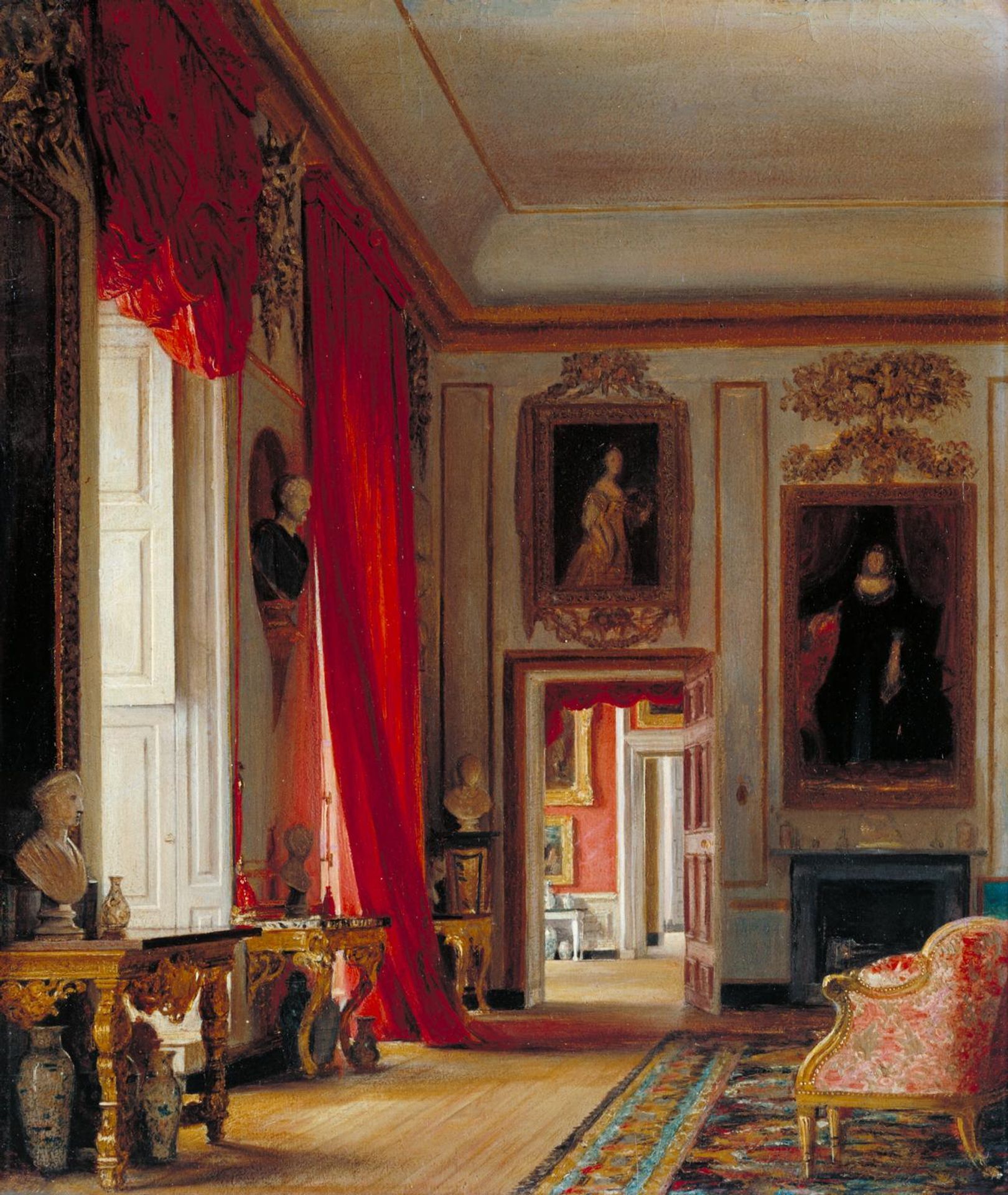 The Carved Room, Petworth House, Sussex (c1856). Verso: Sketch of a Seated Male Figure in Van Dyck Costume (1844) by Charles Robert Leslie