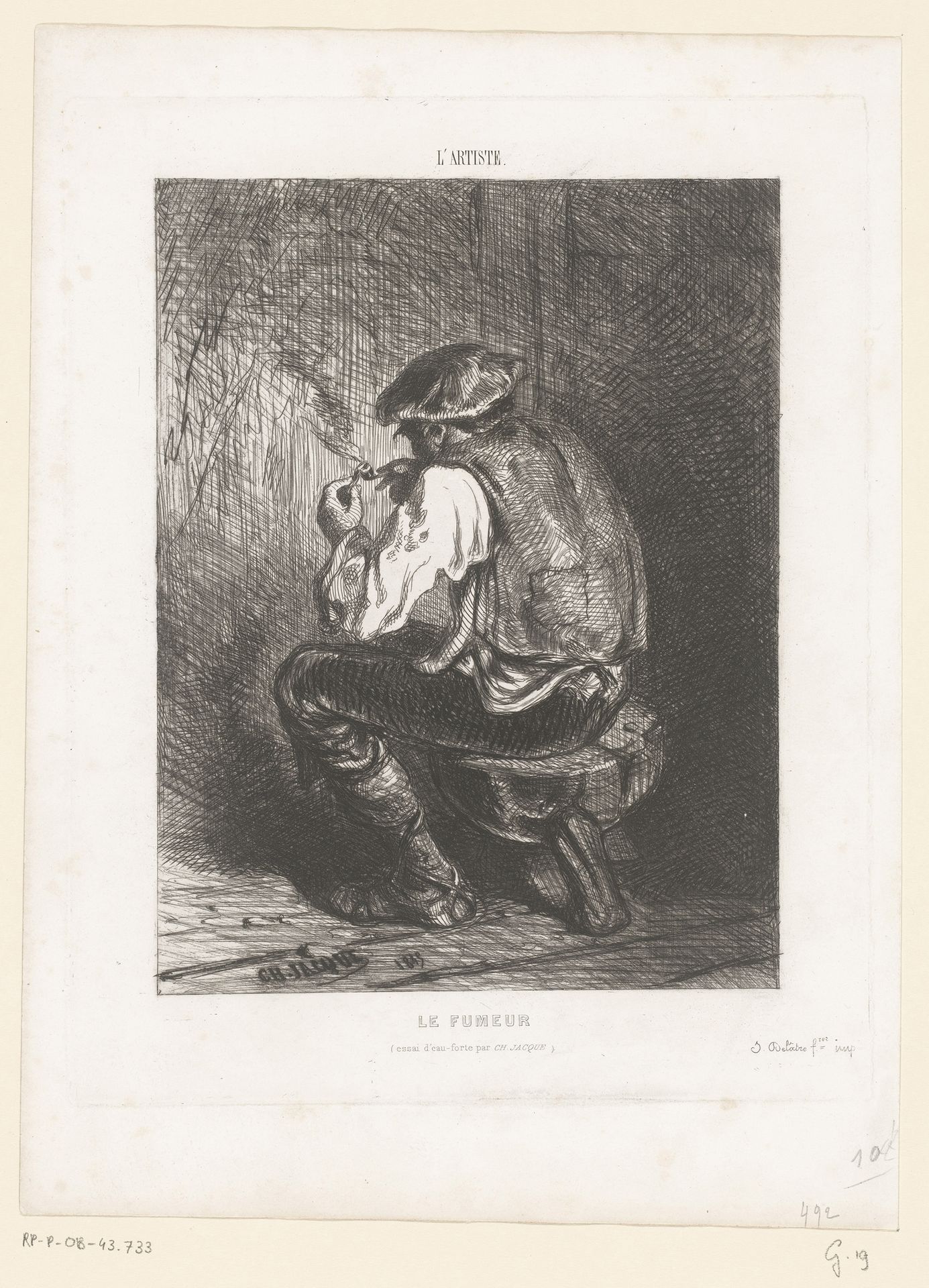 Rokende man op een kruk, op de rug gezien by Charles Jacque