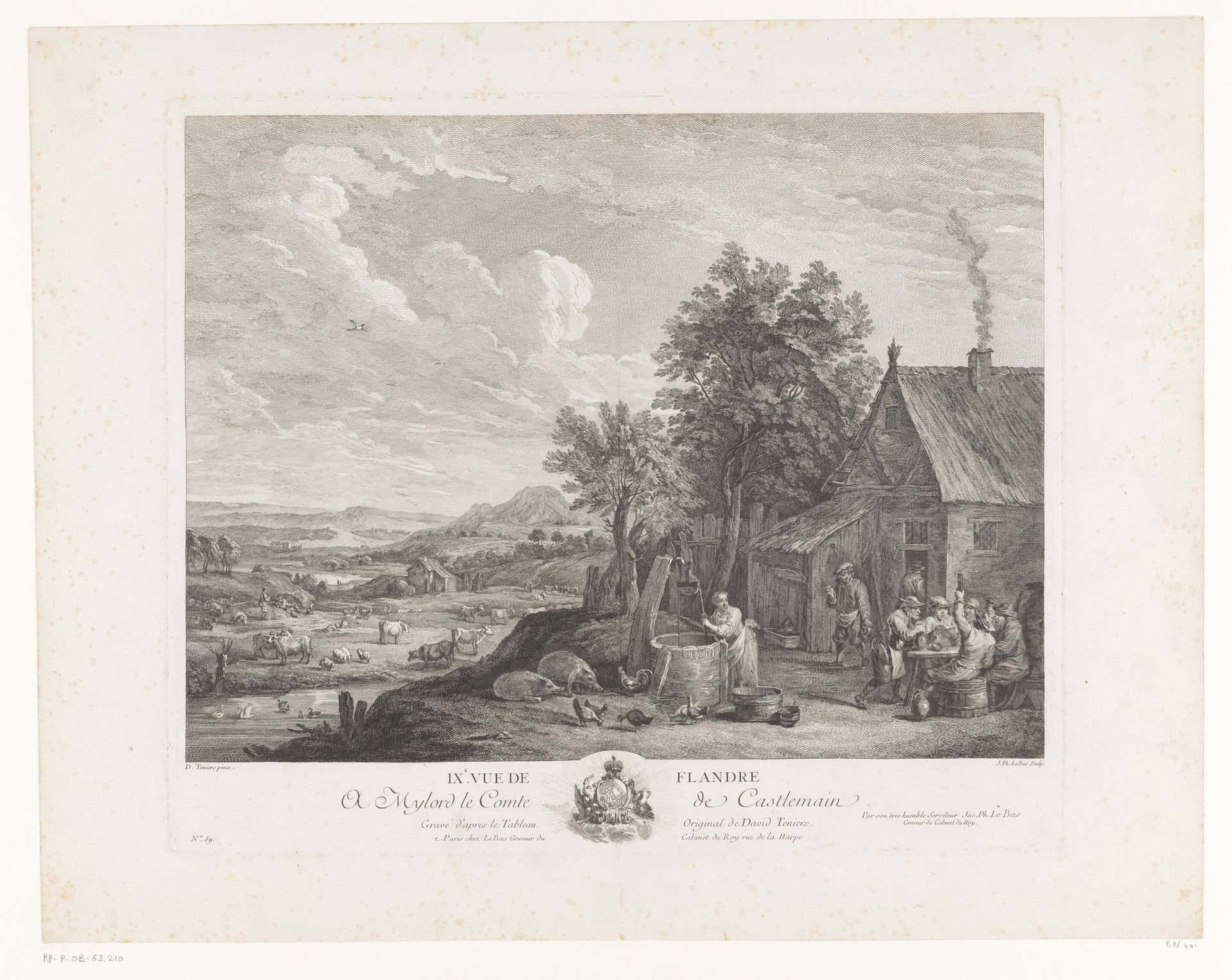 Boerengezelschap voor een huis in een landschap by Jacques Philippe Le Bas