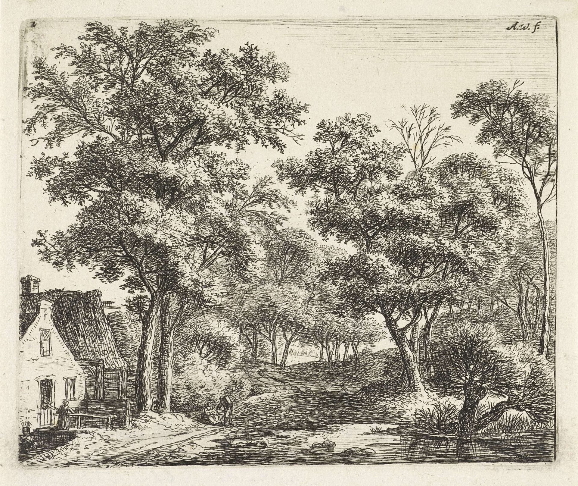 Gebouwen langs een bospad by Anthonie Waterloo