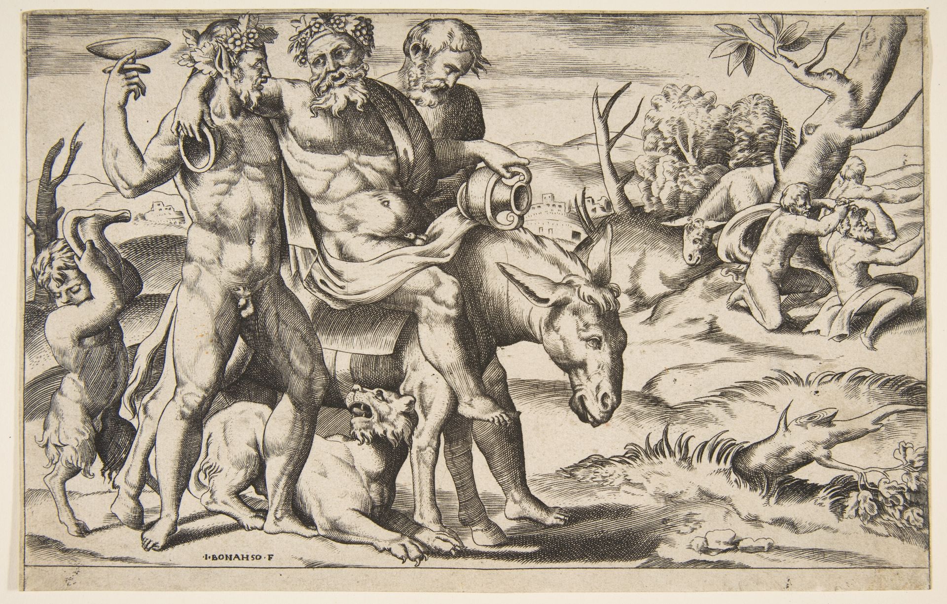 A drunken Silenus riding an ass being supported by satyrs by Giulio Bonasone