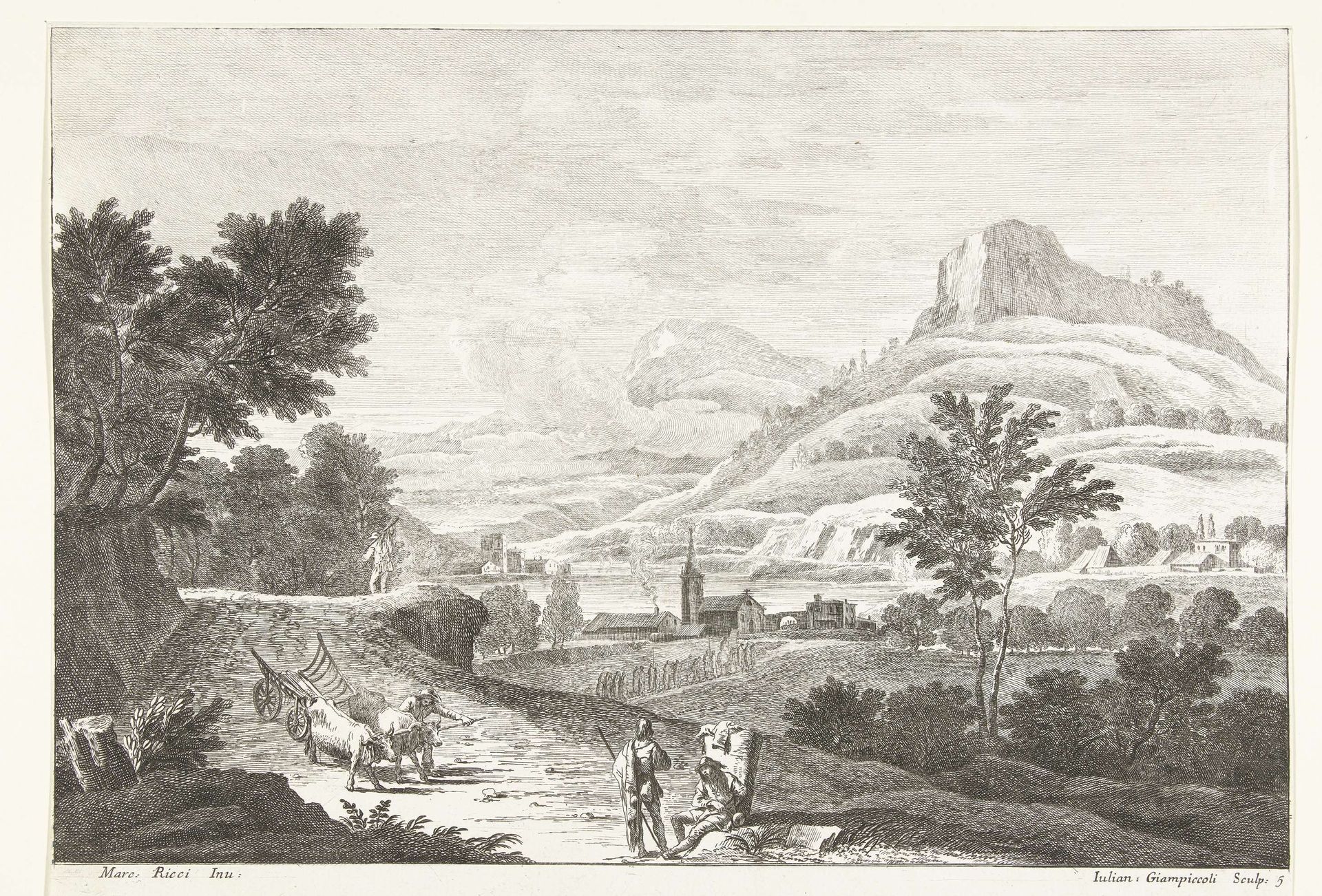 Landschap met ossenkar en begrafenis by Giuliano Giampiccoli