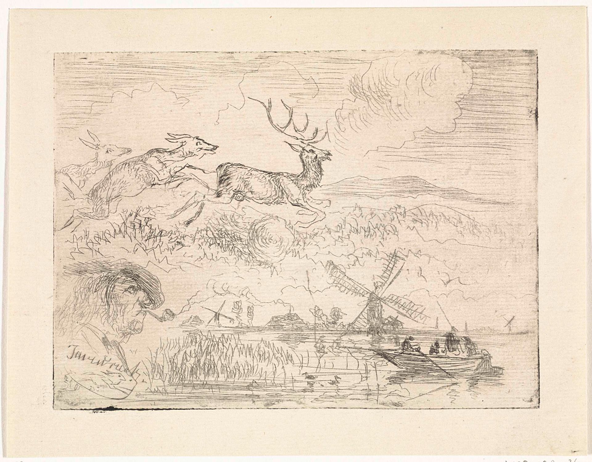 Studieblad met rennende herten, een pijprokende man en een landschap met molen by Johannes Tavenraat